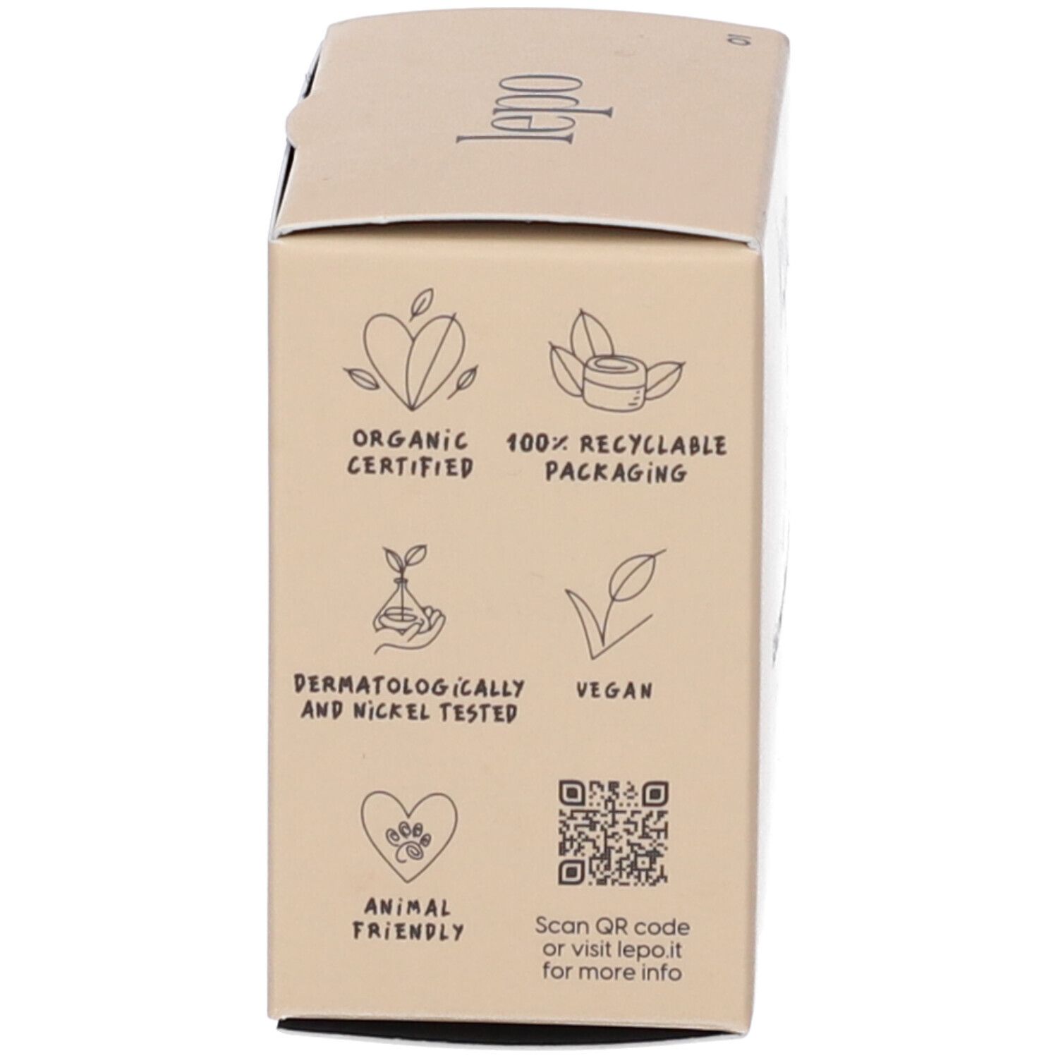 Lato della confezione LEPO Biosense Foundation. Certificazioni, loghi e informazioni.