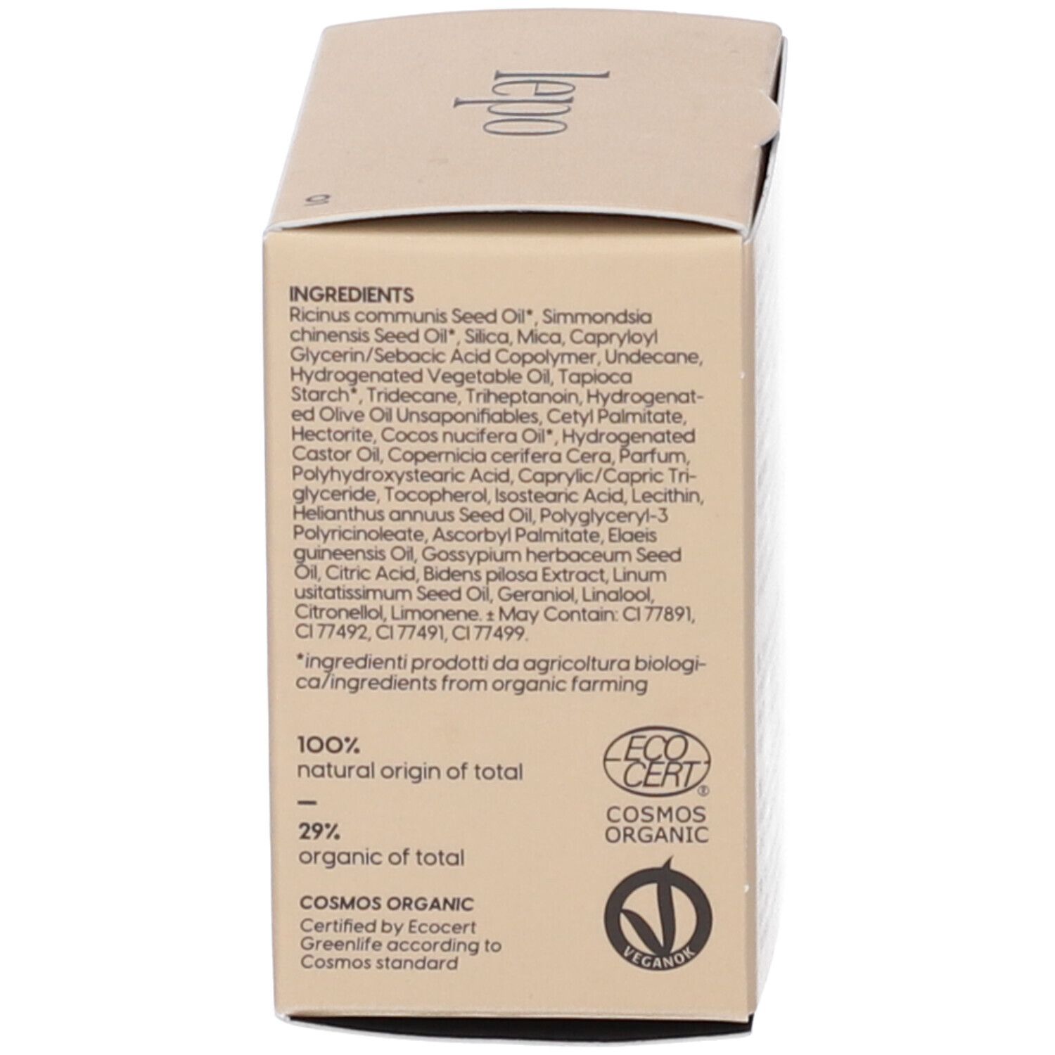 Lato della confezione LEPO Biosense Foundation. Ingredienti, certificazioni e loghi.