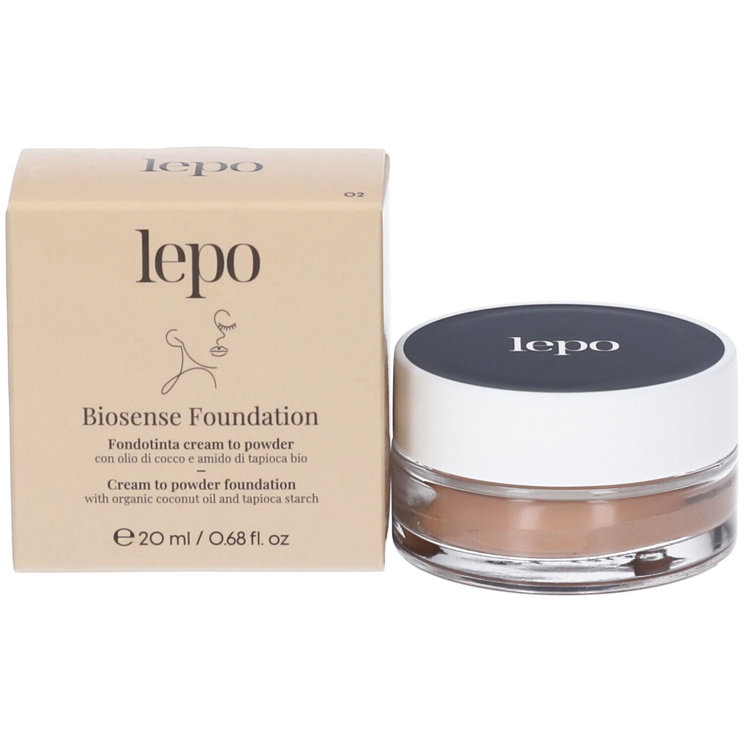 Fondotinta crema-polvere in vasetto e confezione. Scritta: Biosense Foundation, 20 ml / 0.68 fl. oz.
