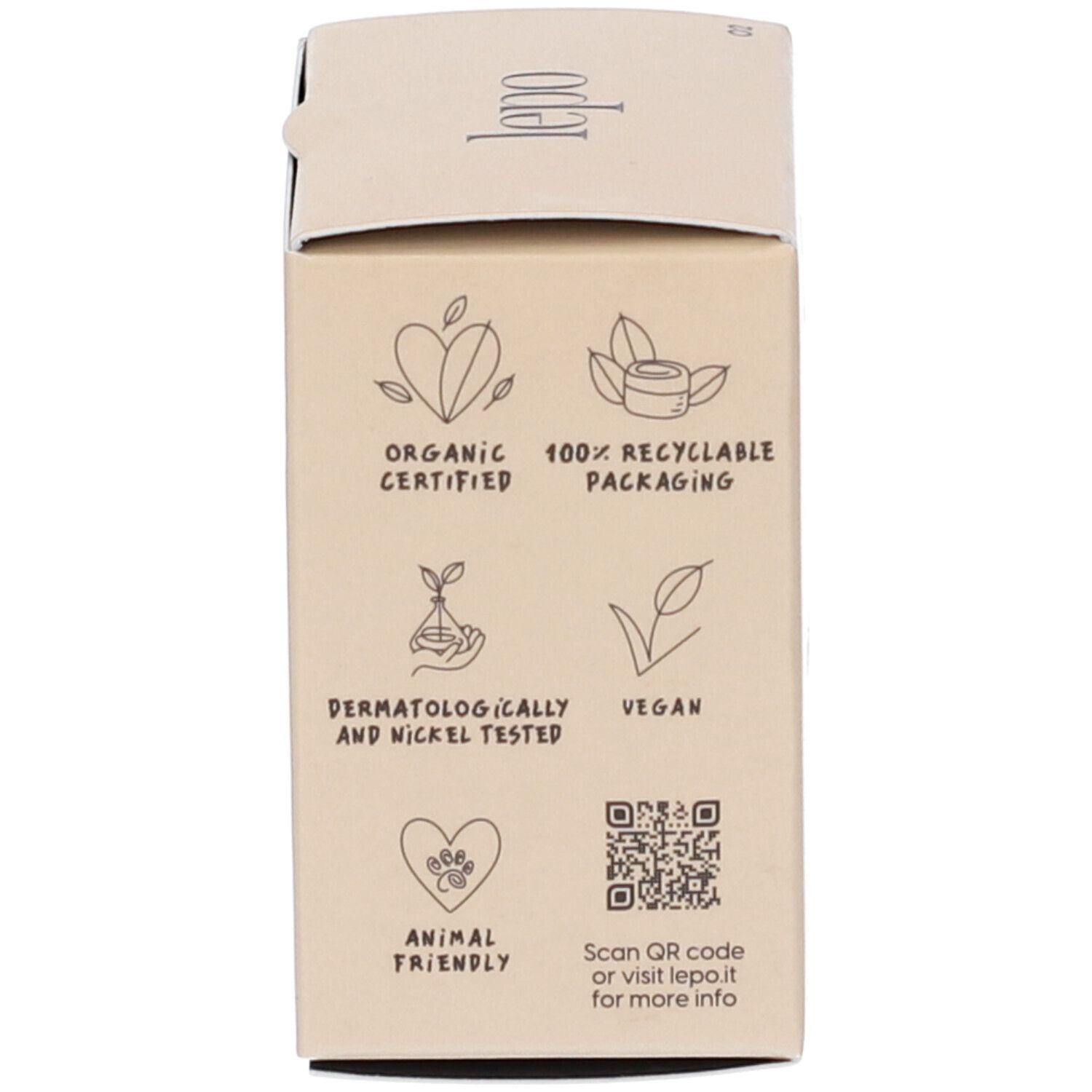 Retro della confezione. Loghi per certificazione biologica, imballaggio riciclabile, dermatologicamente testato, vegano, amico degli animali.