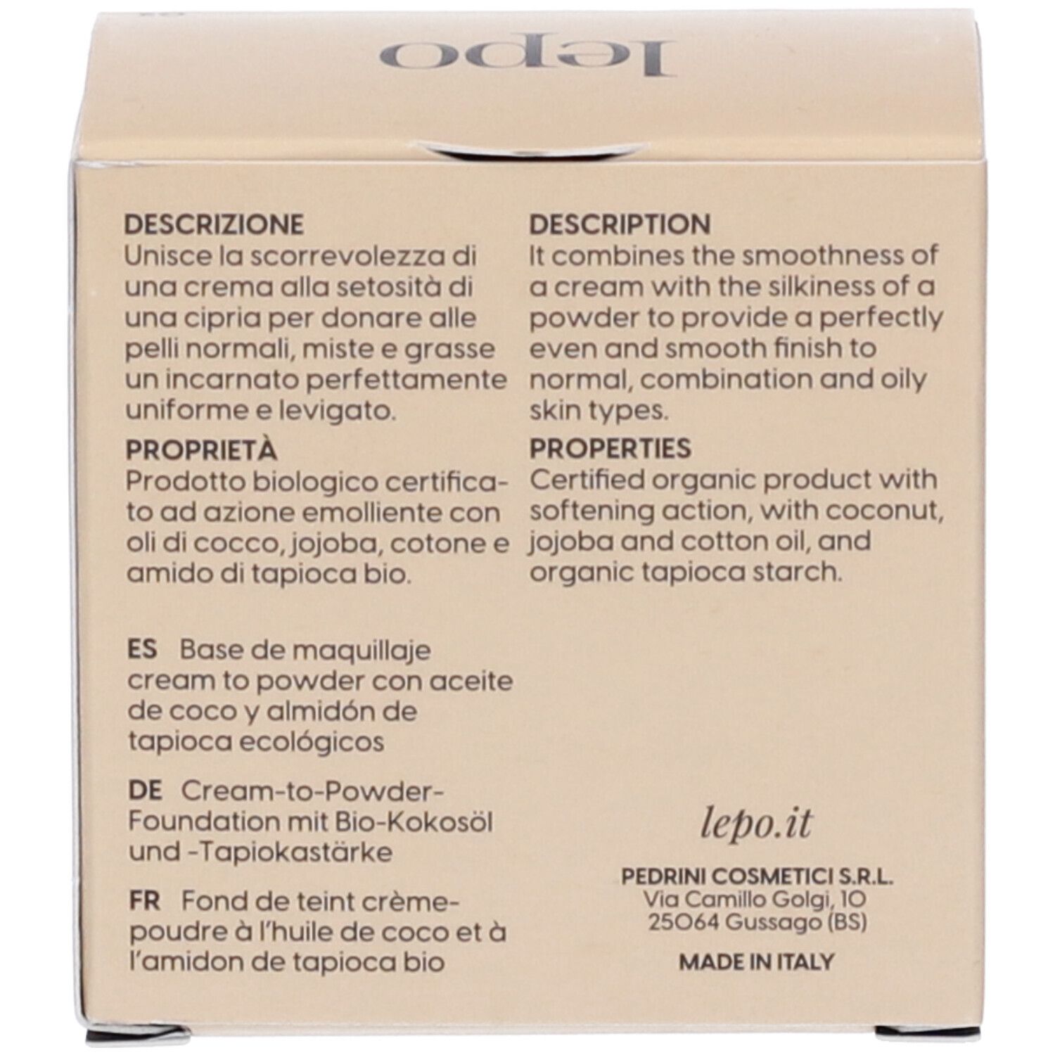 Testo sulla confezione. Descrizione, proprietà, ingredienti, indirizzo del produttore, Made in Italy.