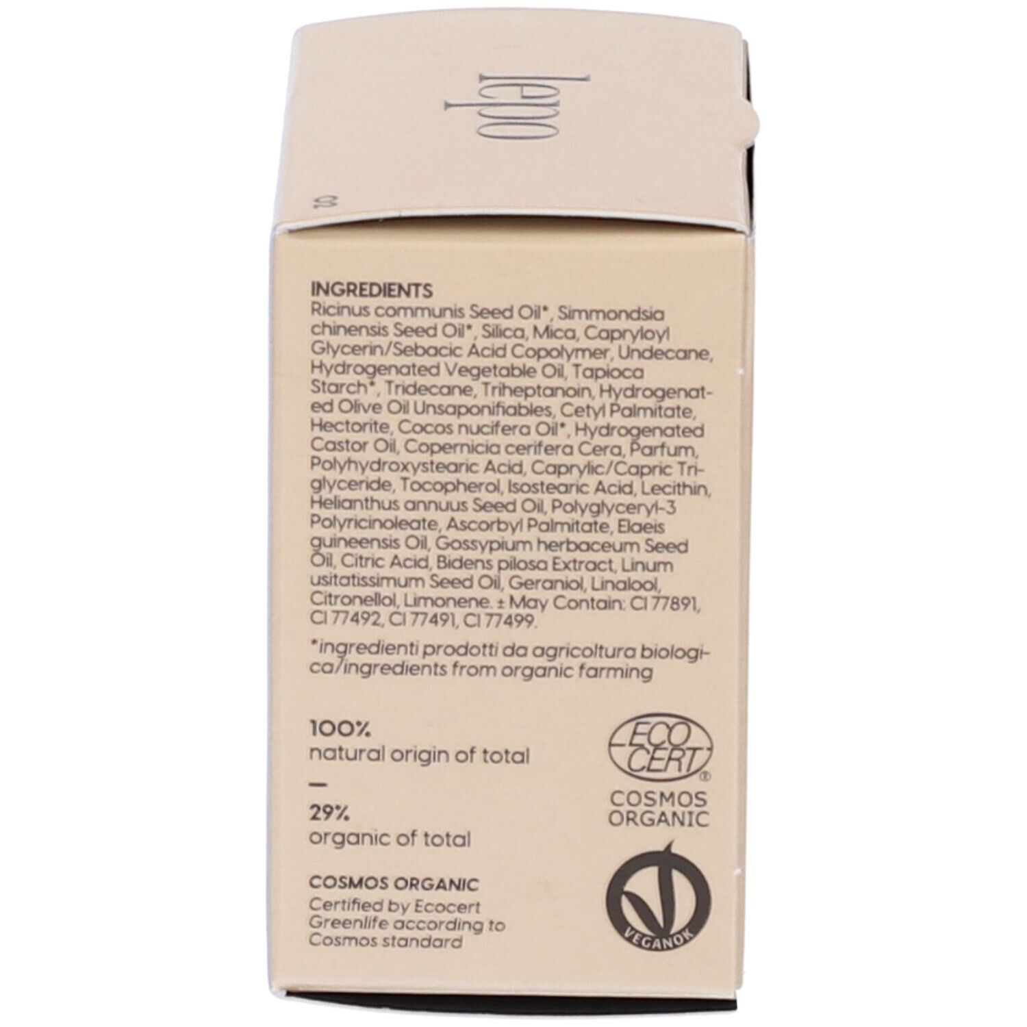 Retro della confezione. Elenco degli ingredienti, loghi di certificazione biologica e vegana.