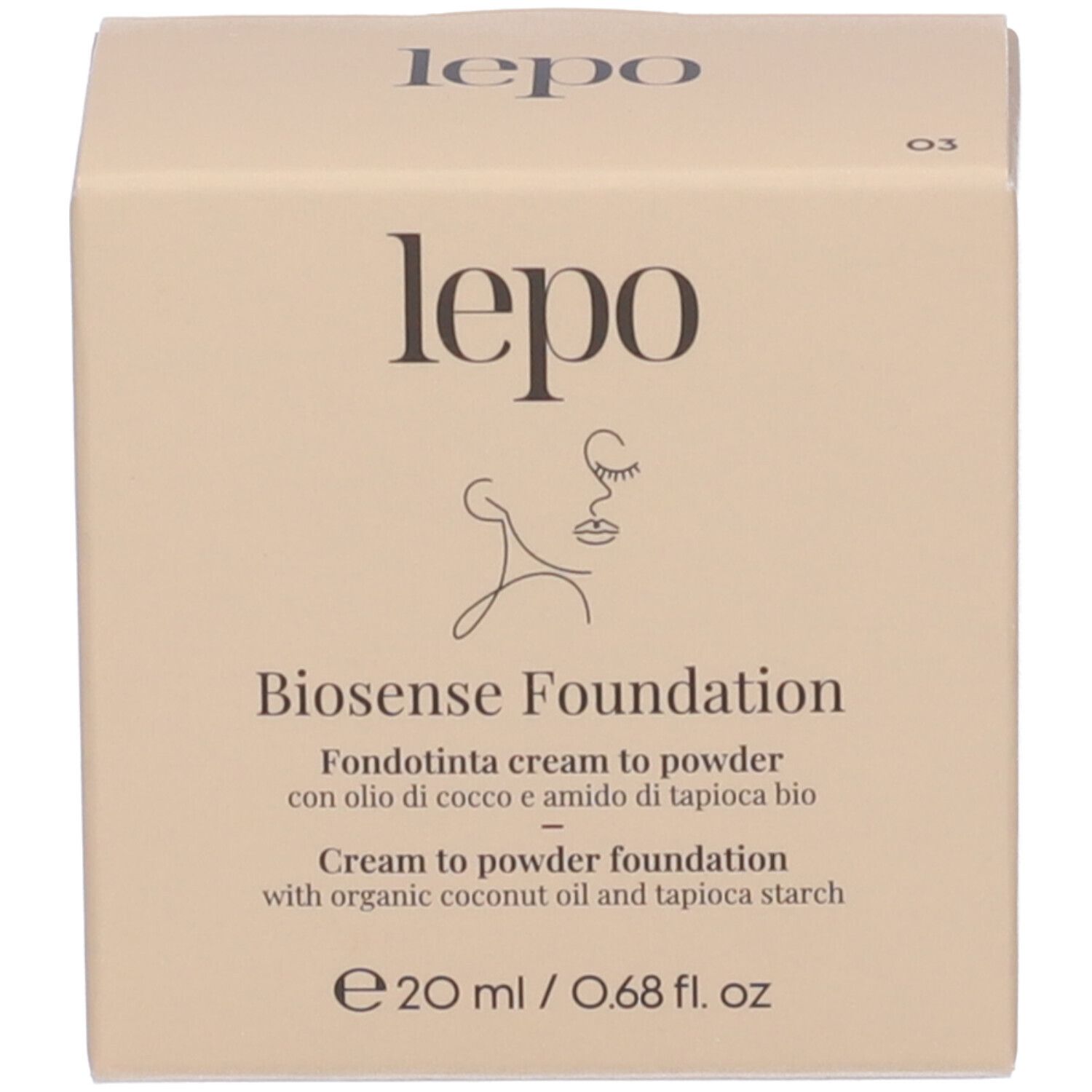 Confezione in cartone di LEPO Biosense Foundation. Testo: Biosense Foundation, Fondotinta cream to powder, e 20 ml / 0.68 fl. oz.