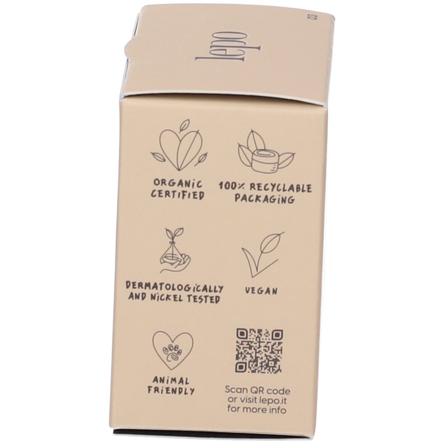 Retro della confezione in cartone di LEPO Biosense Foundation. Contiene loghi e informazioni sulle certificazioni.