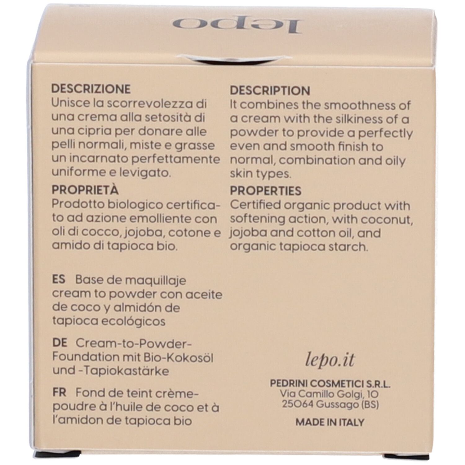 Lato della confezione in cartone di LEPO Biosense Foundation. Contiene la descrizione del prodotto in più lingue.