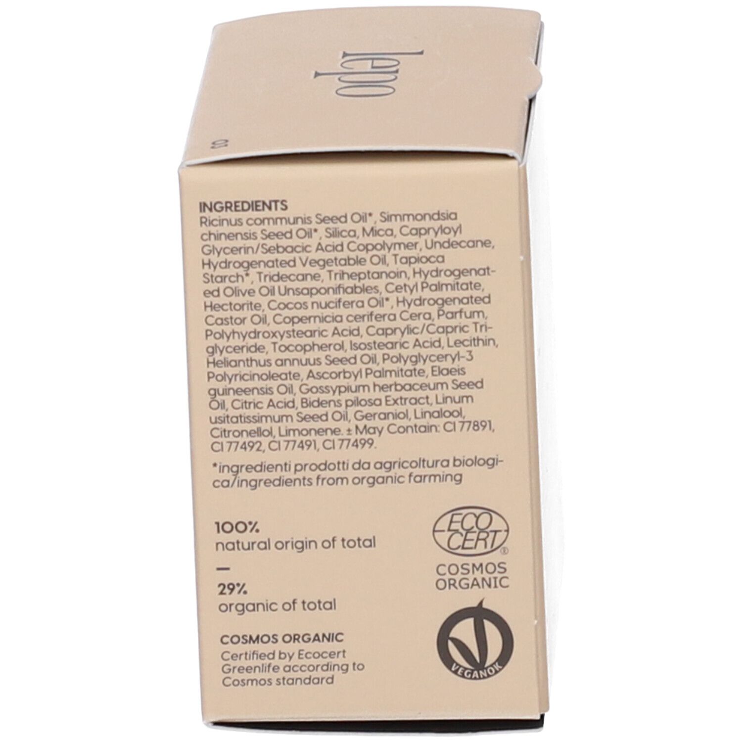 Lato della confezione in cartone di LEPO Biosense Foundation. Contiene ingredienti, certificazioni e informazioni di contatto.