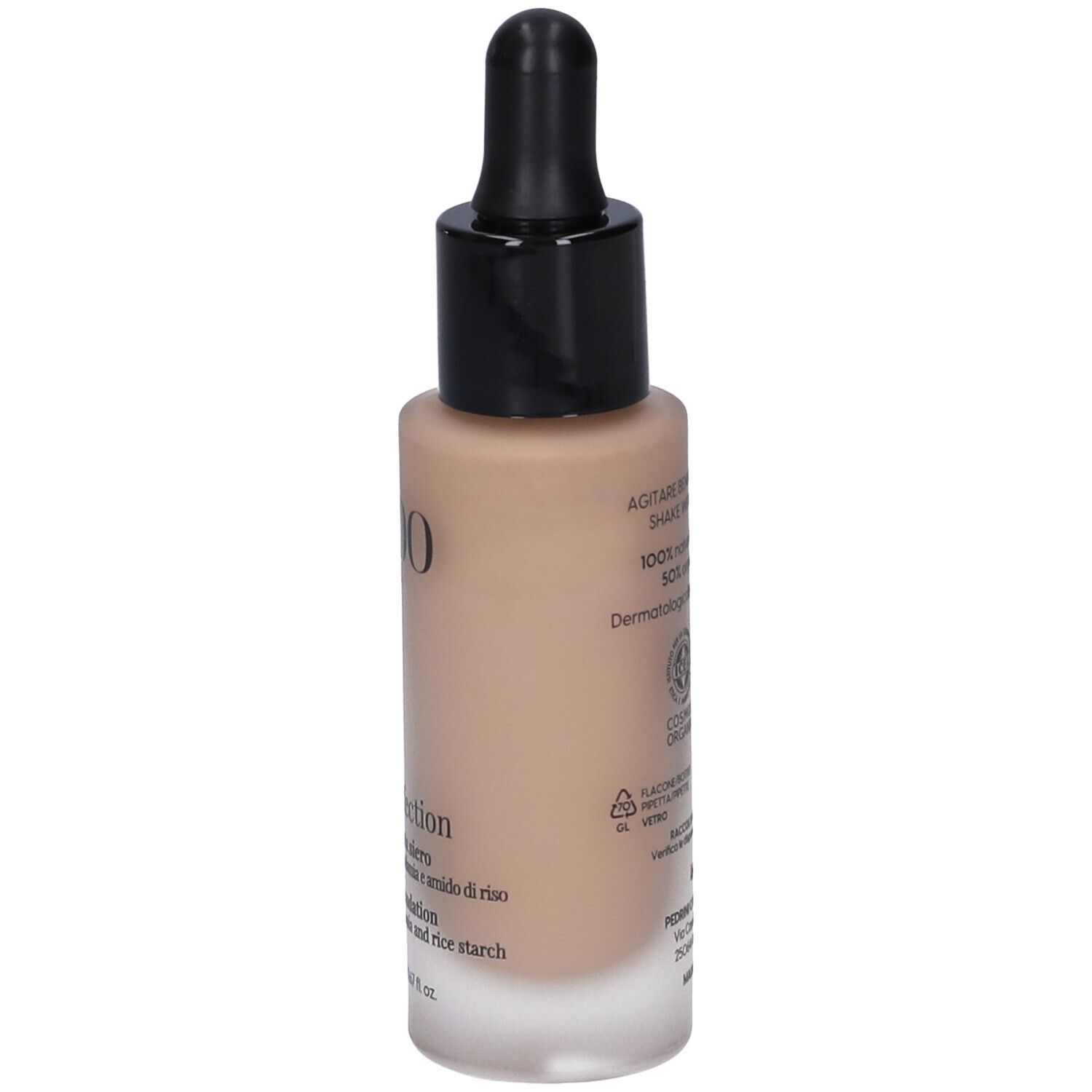 LEPO Bio Perfection Fondotinta siero NUANCE 01 NUDE. Retro del flacone. Informazioni sul prodotto.