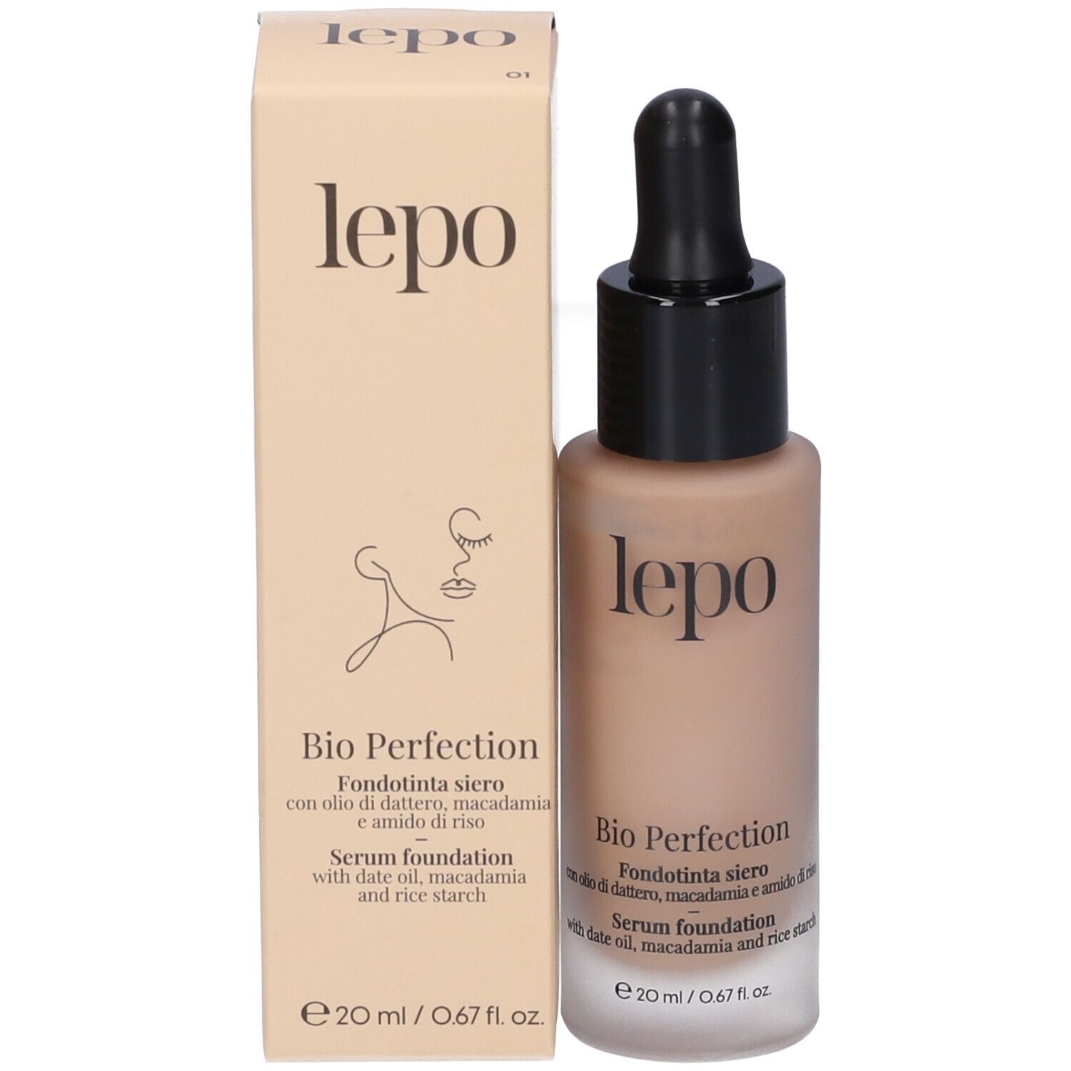 LEPO Bio Perfection Fondotinta siero NUANCE 01 NUDE. Flacone e confezione. Flacone beige con contagocce nero. Confezione beige.