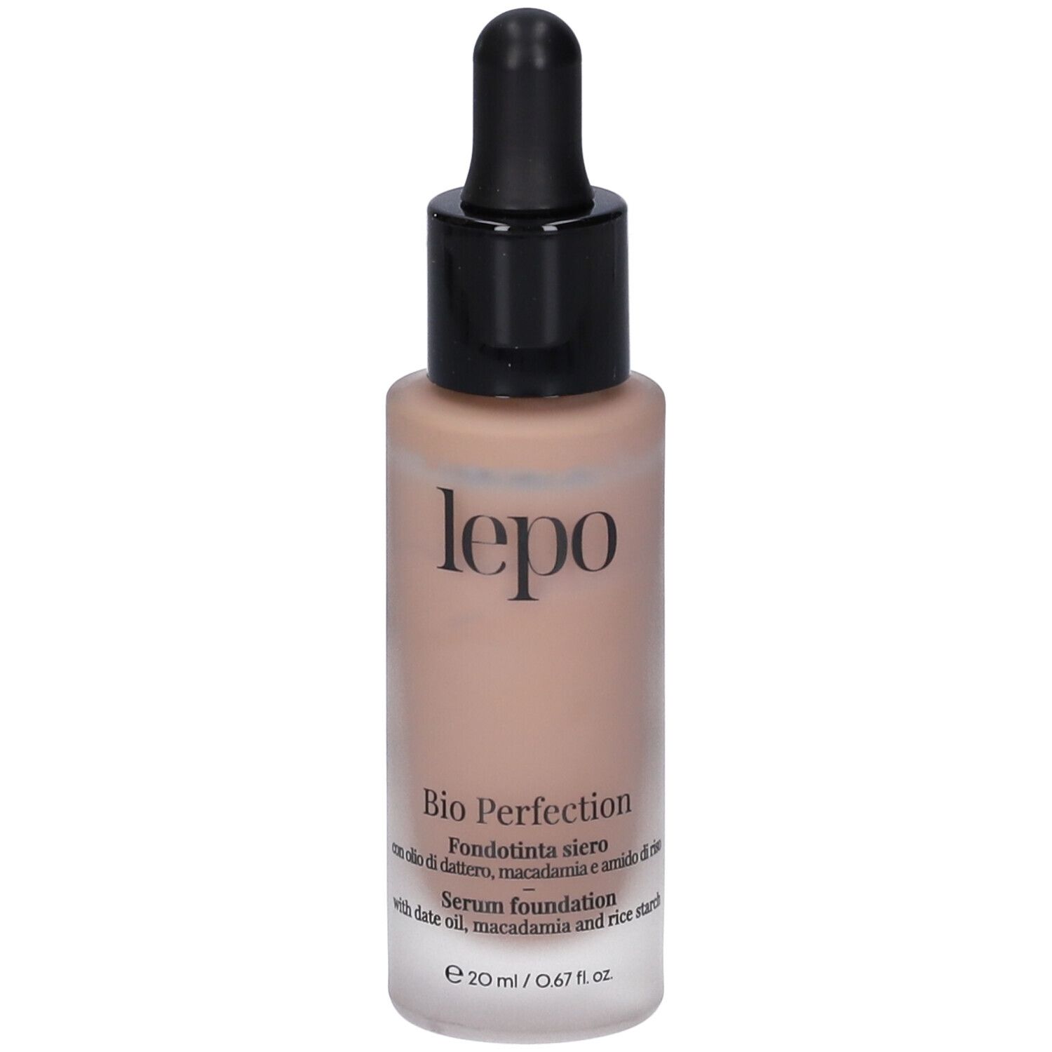 LEPO Bio Perfection Fondotinta siero, flacone. Con contagocce. Nome del prodotto e dettagli sull'etichetta.