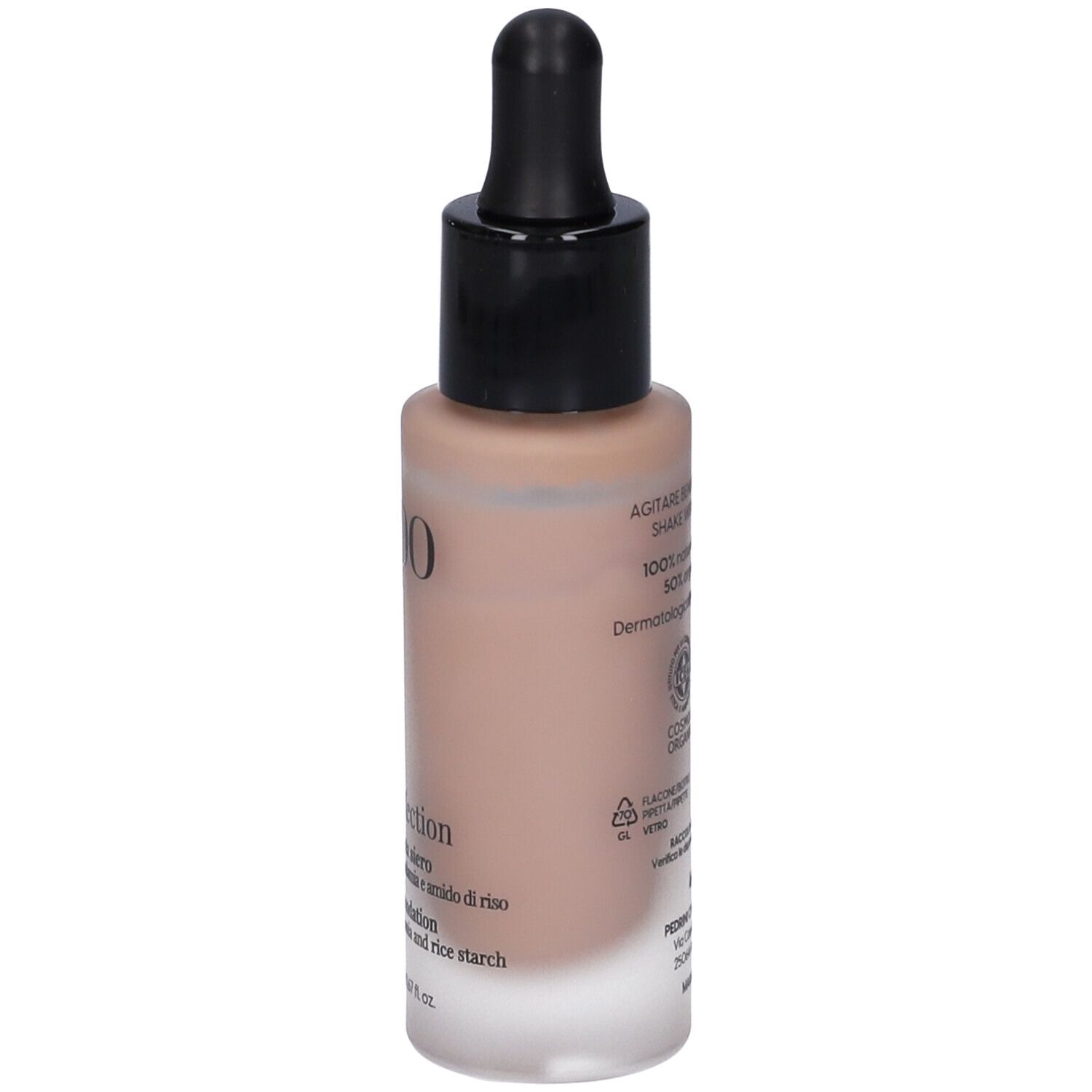 LEPO Bio Perfection Fondotinta siero, flacone. Con contagocce. Nome del prodotto e dettagli sull'etichetta.