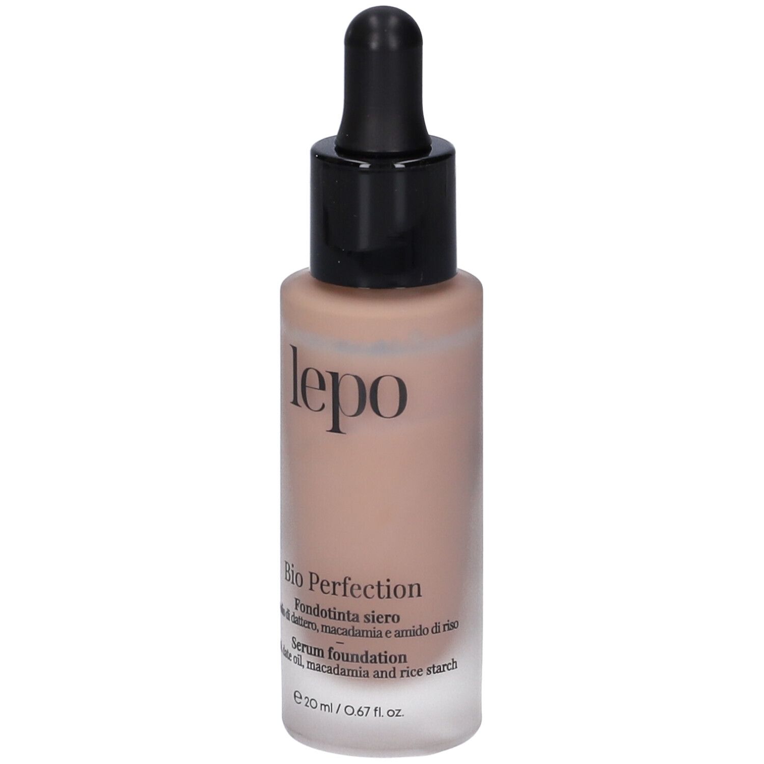 LEPO Bio Perfection Fondotinta siero, flacone. Con contagocce. Nome del prodotto e dettagli sull'etichetta.