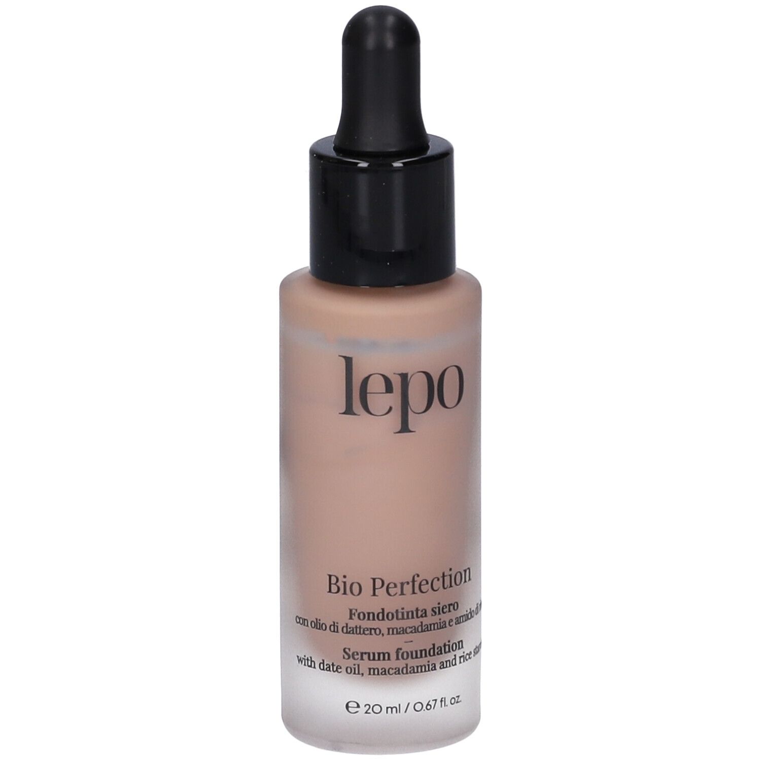 LEPO Bio Perfection Fondotinta siero, flacone. Con contagocce. Nome del prodotto e dettagli sull'etichetta.