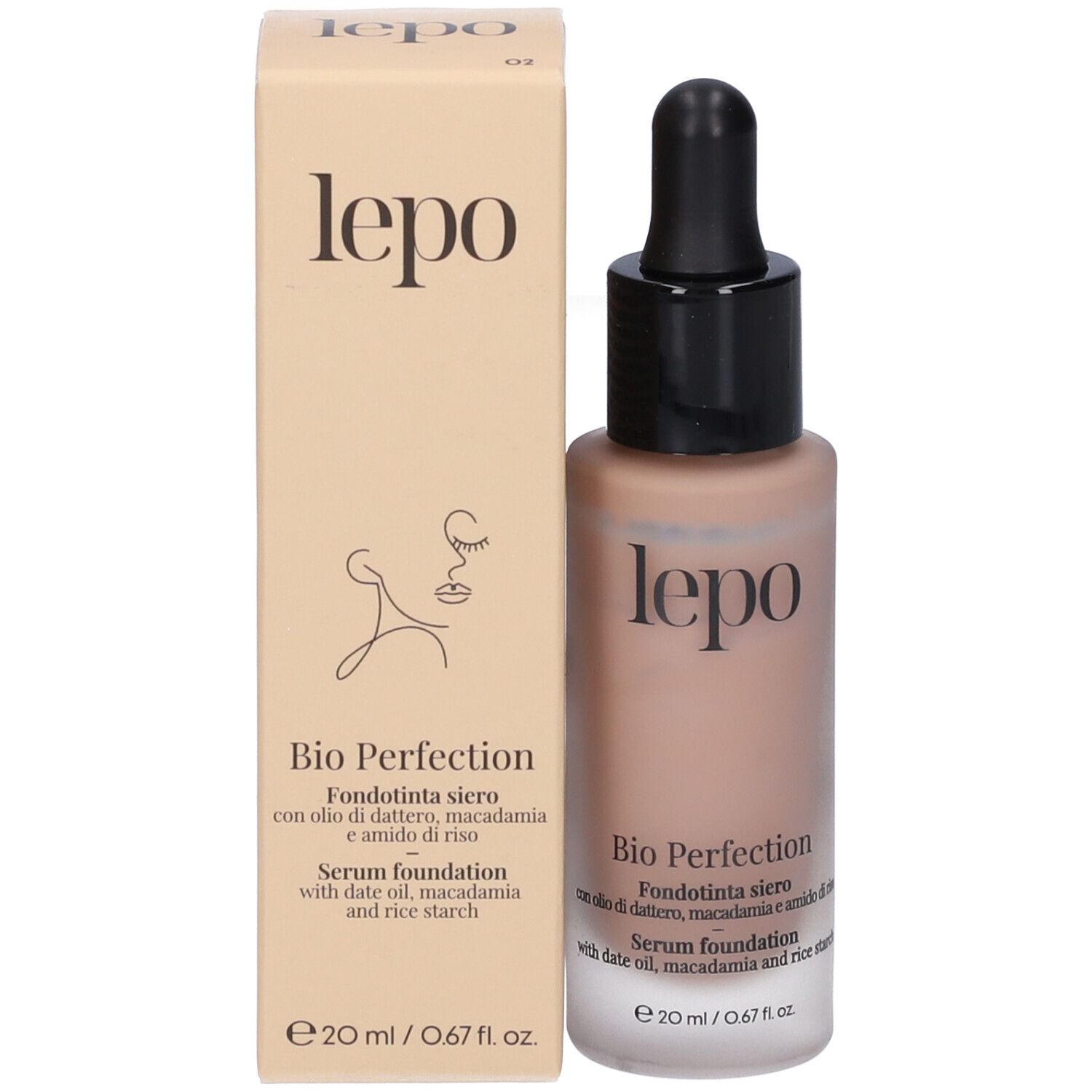 LEPO Bio Perfection Fondotinta siero, flacone e confezione. Con contagocce. Confezione beige con nome e logo del prodotto.