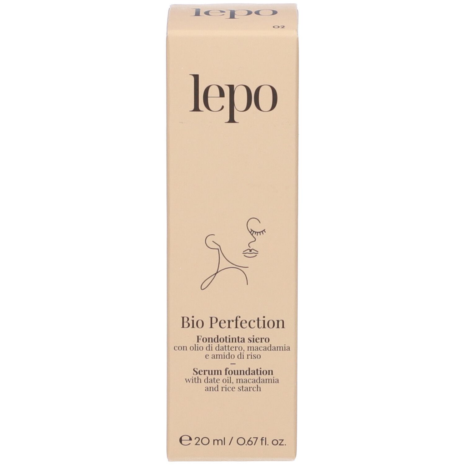 LEPO Bio Perfection Fondotinta siero, confezione. Confezione beige con nome, logo e illustrazione del prodotto.