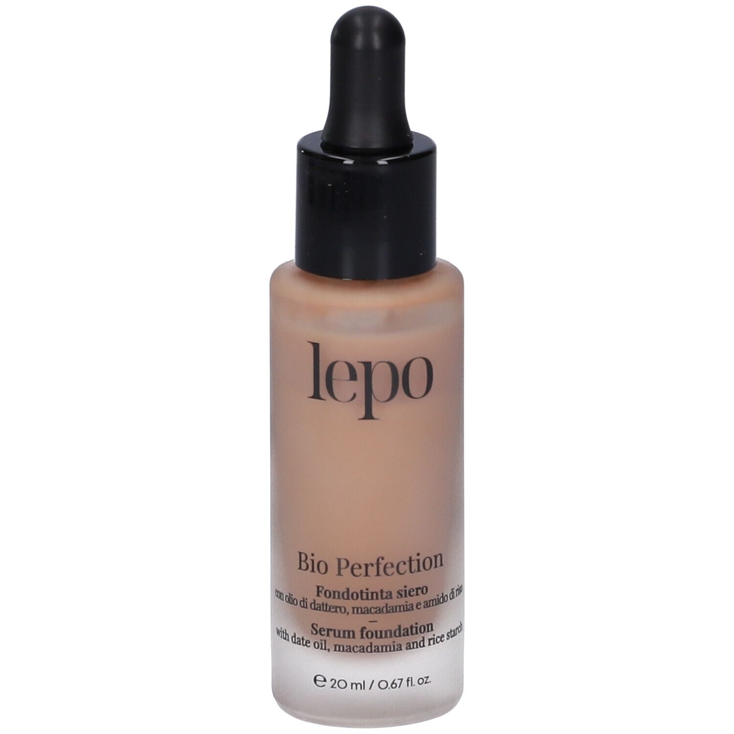 Flacone con contagocce. Scritta: lepo, Bio Perfection, Fondotinta siero, 20 ml. Liquido beige.
