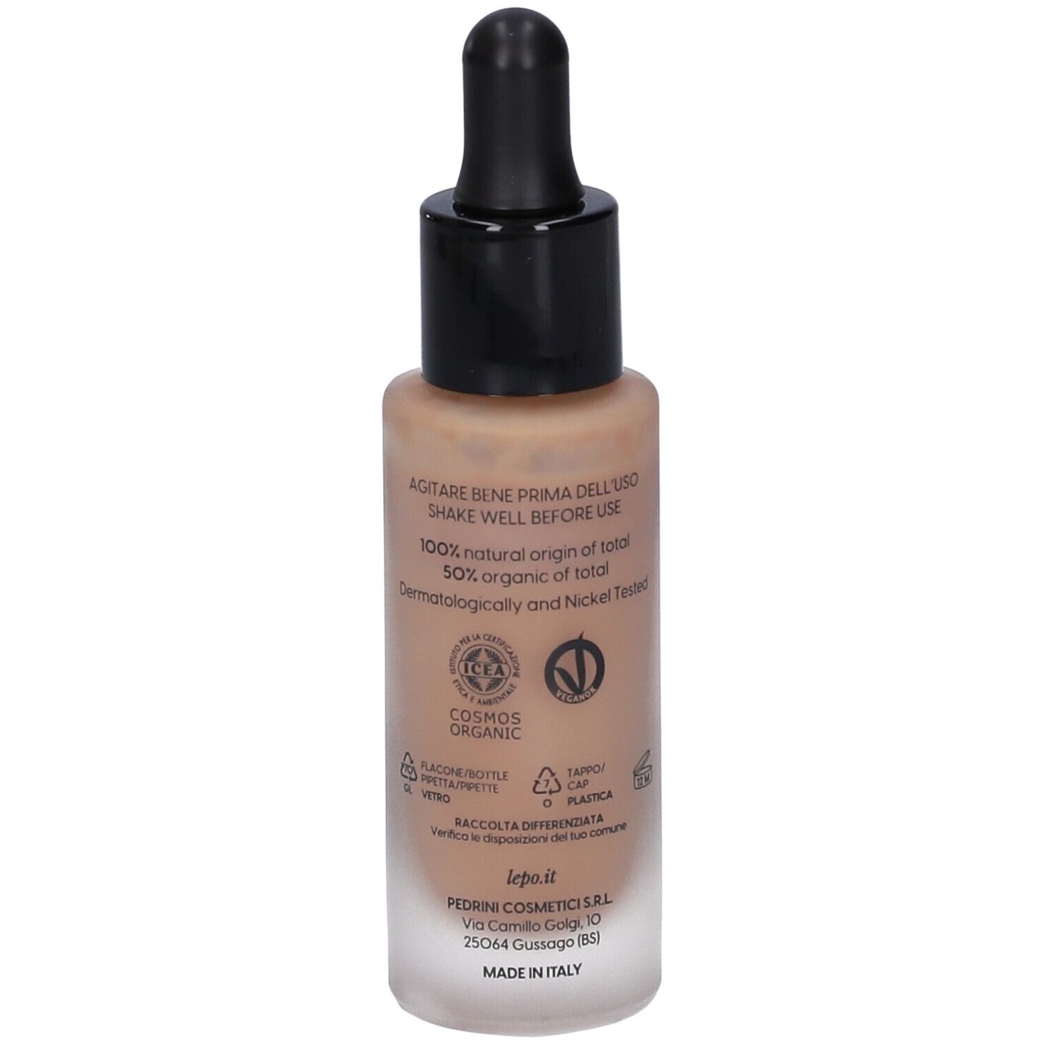 Retro del flacone. Scritta: lepo, Bio Perfection, Fondotinta siero. Loghi e testo.