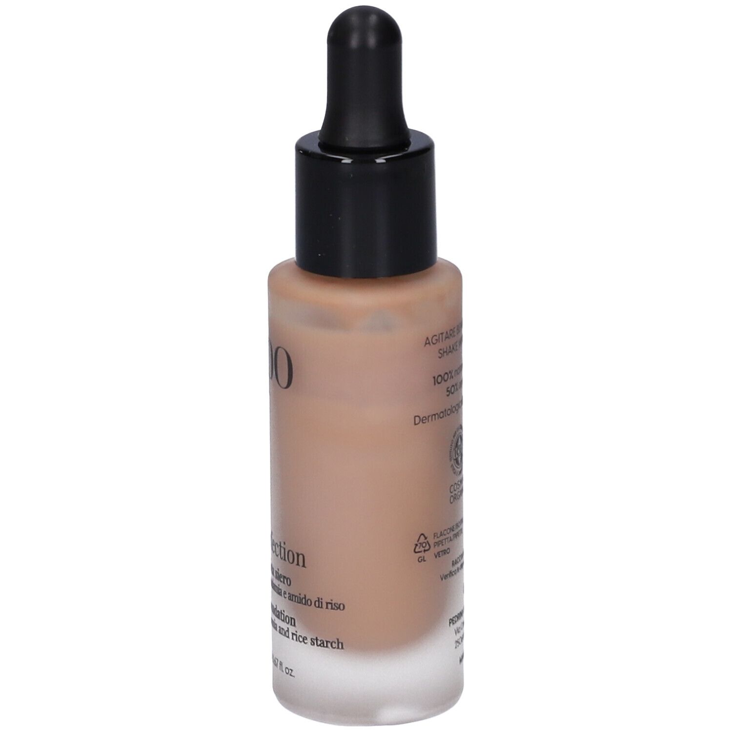 Retro del flacone. Scritta: lepo, Bio Perfection, Fondotinta siero. Loghi e testo.