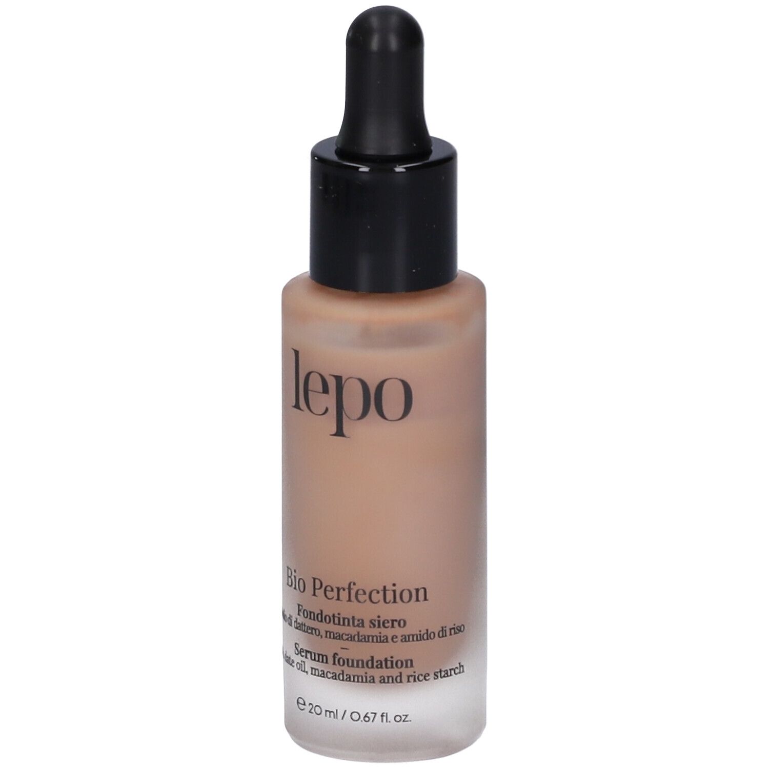 Flacone con contagocce. Scritta: lepo, Bio Perfection, Fondotinta siero, 20 ml.