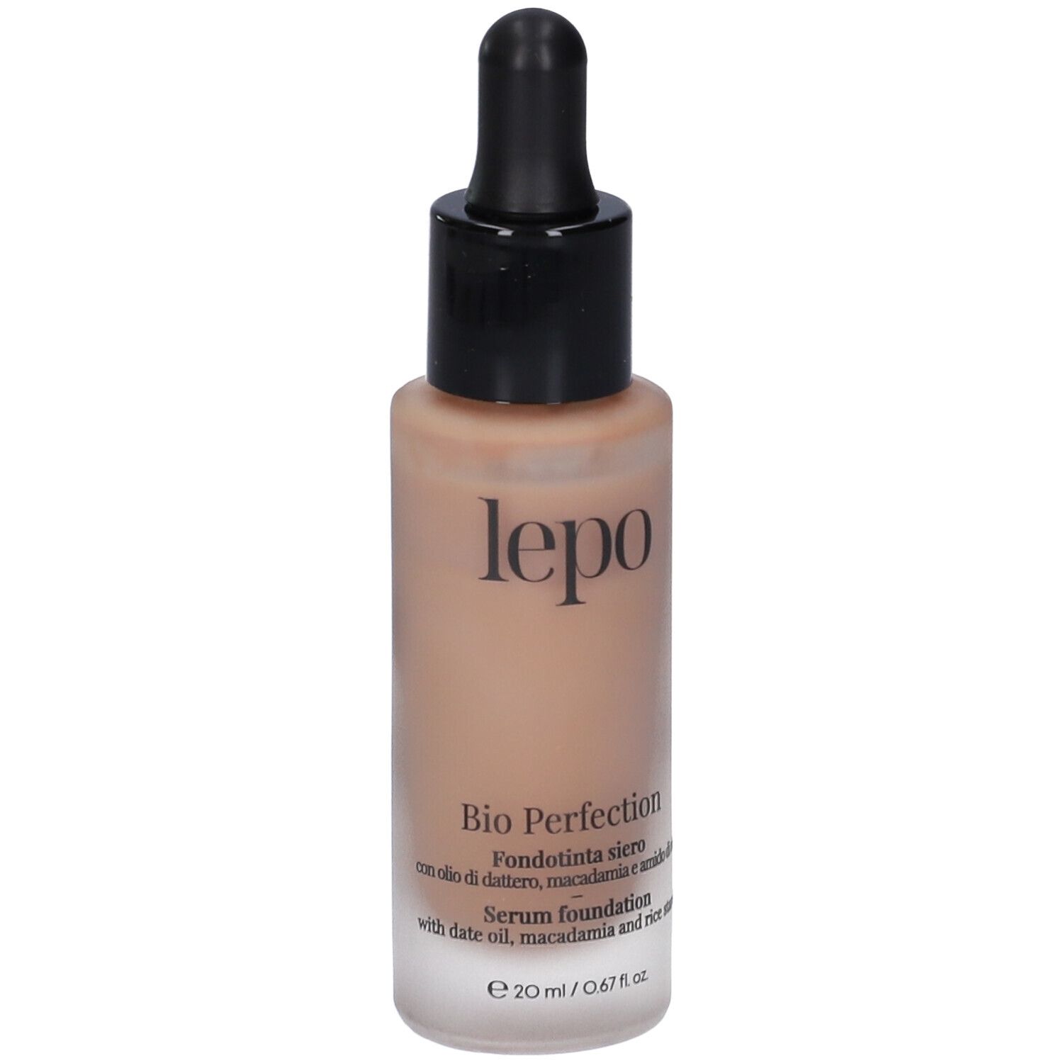 Flacone con contagocce. Scritta: lepo, Bio Perfection, Fondotinta siero, 20 ml.