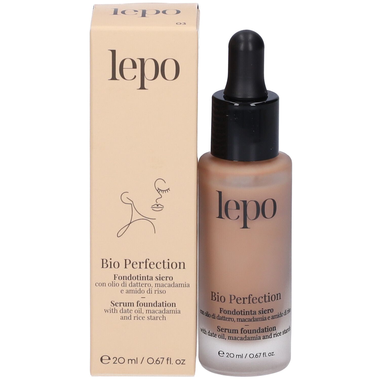 Confezione e flacone. Flacone con contagocce. Scritta: lepo, Bio Perfection, Fondotinta siero, 20 ml.