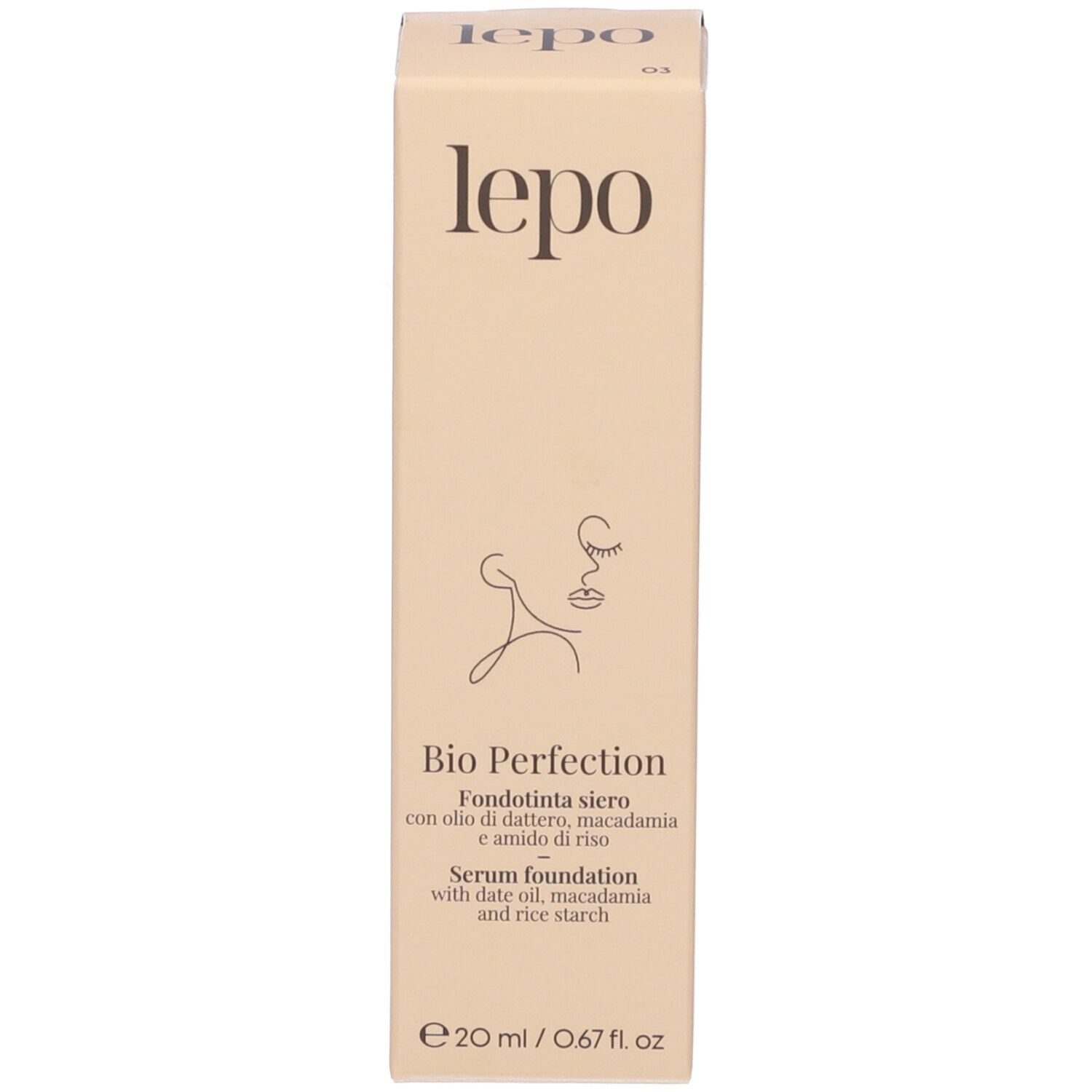 Confezione. Scritta: lepo, Bio Perfection, Fondotinta siero, 20 ml.