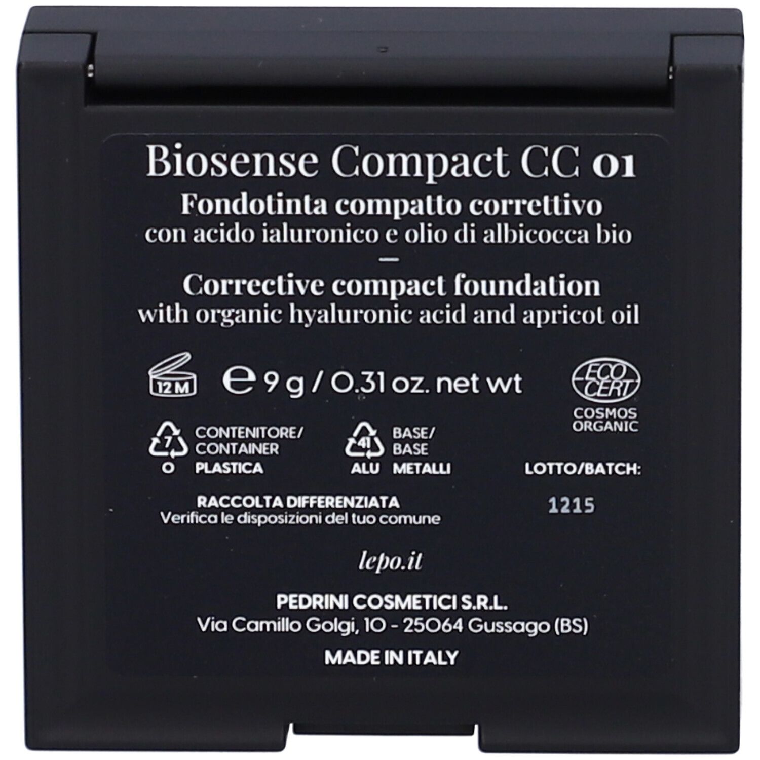 Fondo del contenitore nero con informazioni sul prodotto e certificazioni. Testo in italiano.