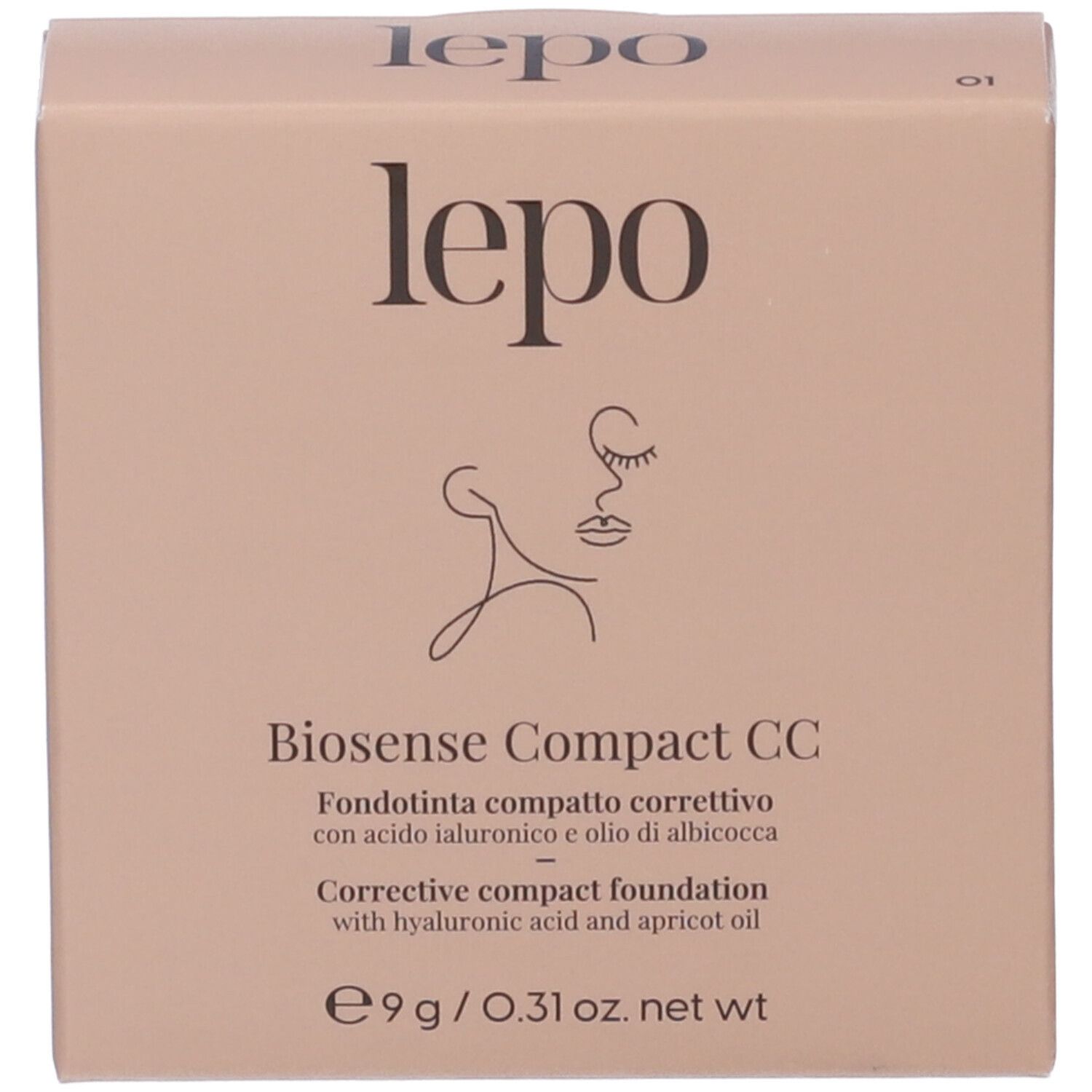 Confezione beige con logo e nome del prodotto. Testo in italiano e inglese.