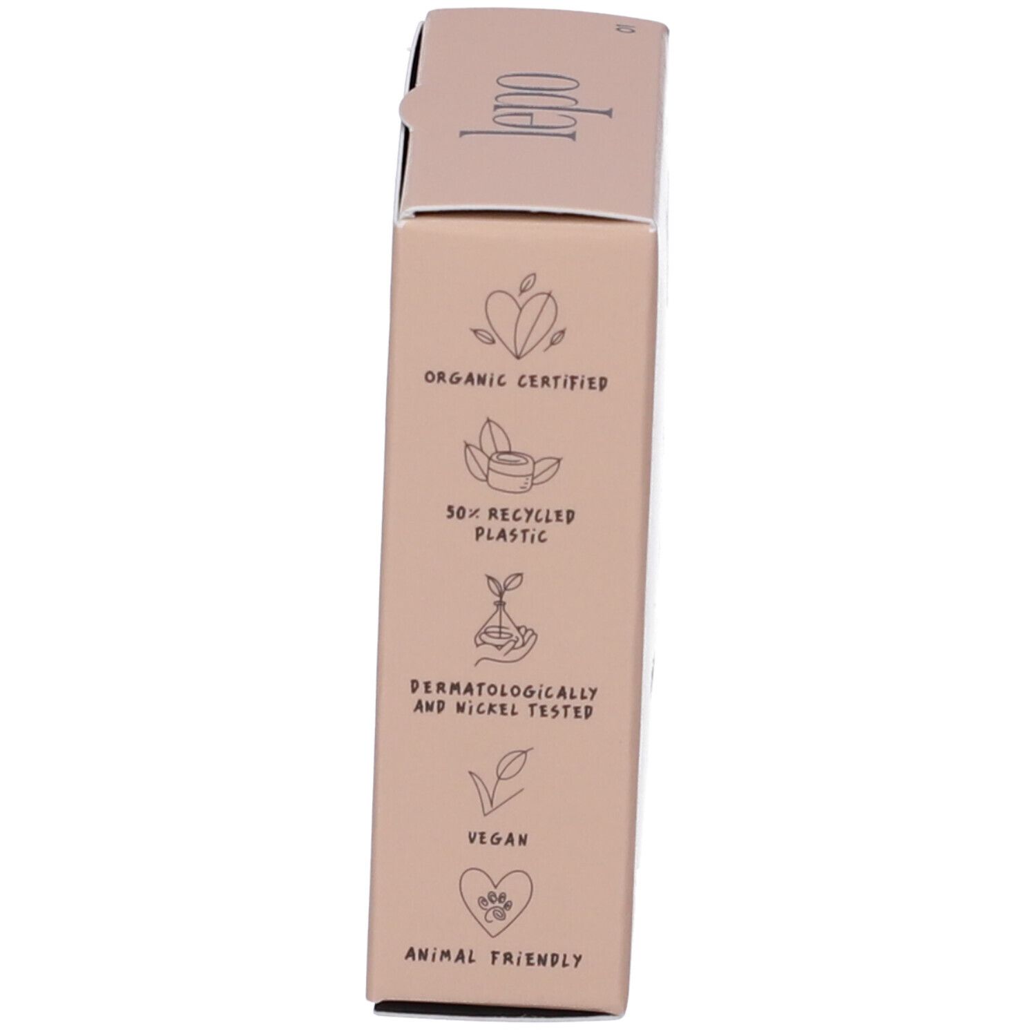 Lato della confezione con loghi e certificazioni: Vegan, dermatologicamente testato, plastica riciclata.