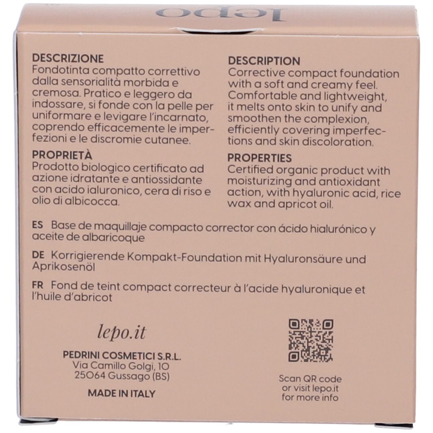 Retro della confezione con descrizione del prodotto in più lingue. Codice QR.