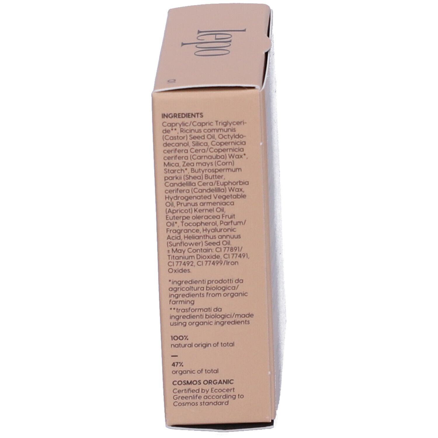 Lato della confezione con ingredienti e certificazioni. Testo in inglese.