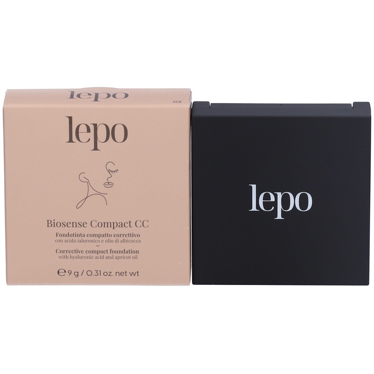 Confezione del fondotinta compatto e fondotinta aperto. Marchio LEPO, nome del prodotto, ingredienti, peso.
