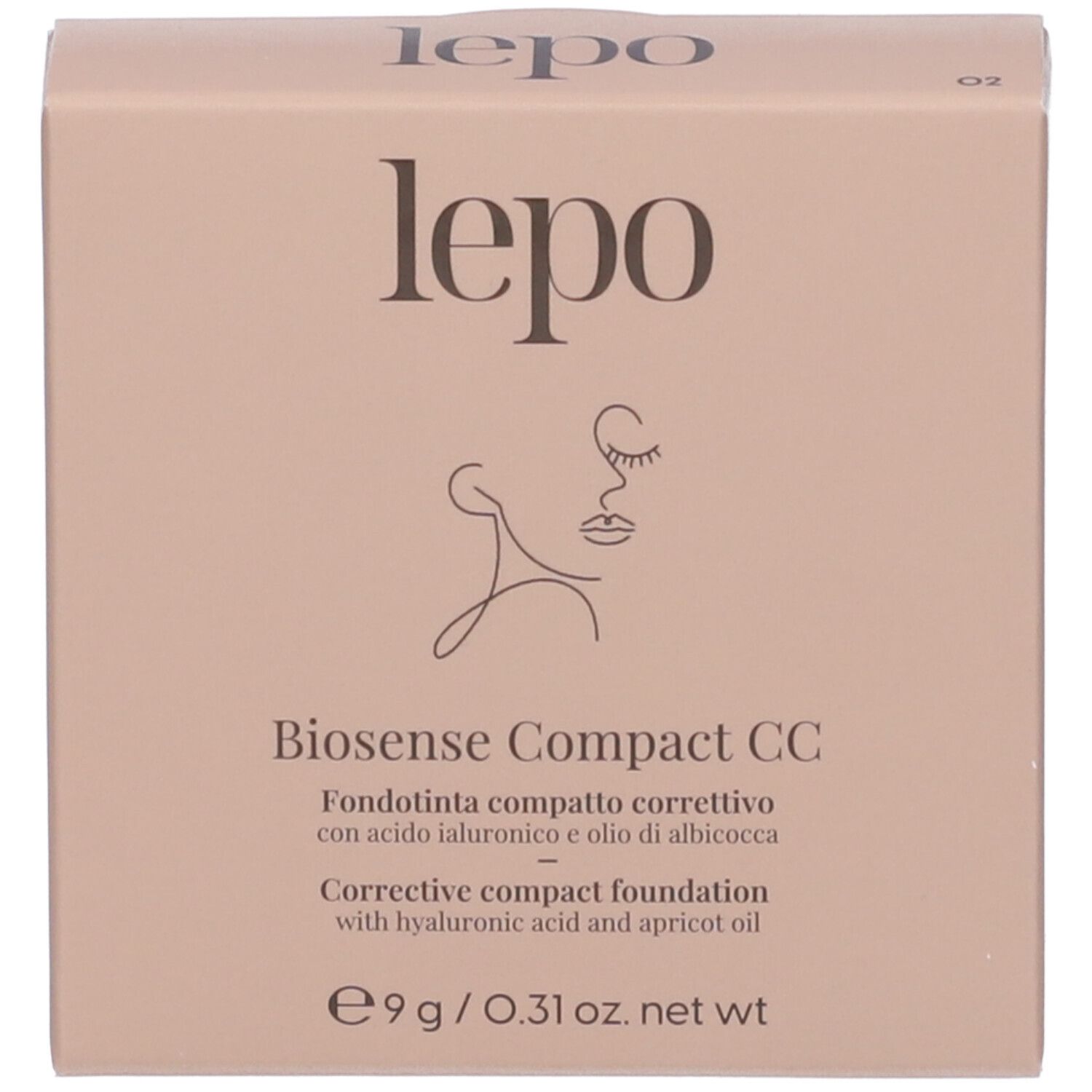 Confezione del fondotinta compatto. Marchio LEPO, nome del prodotto, ingredienti, peso.