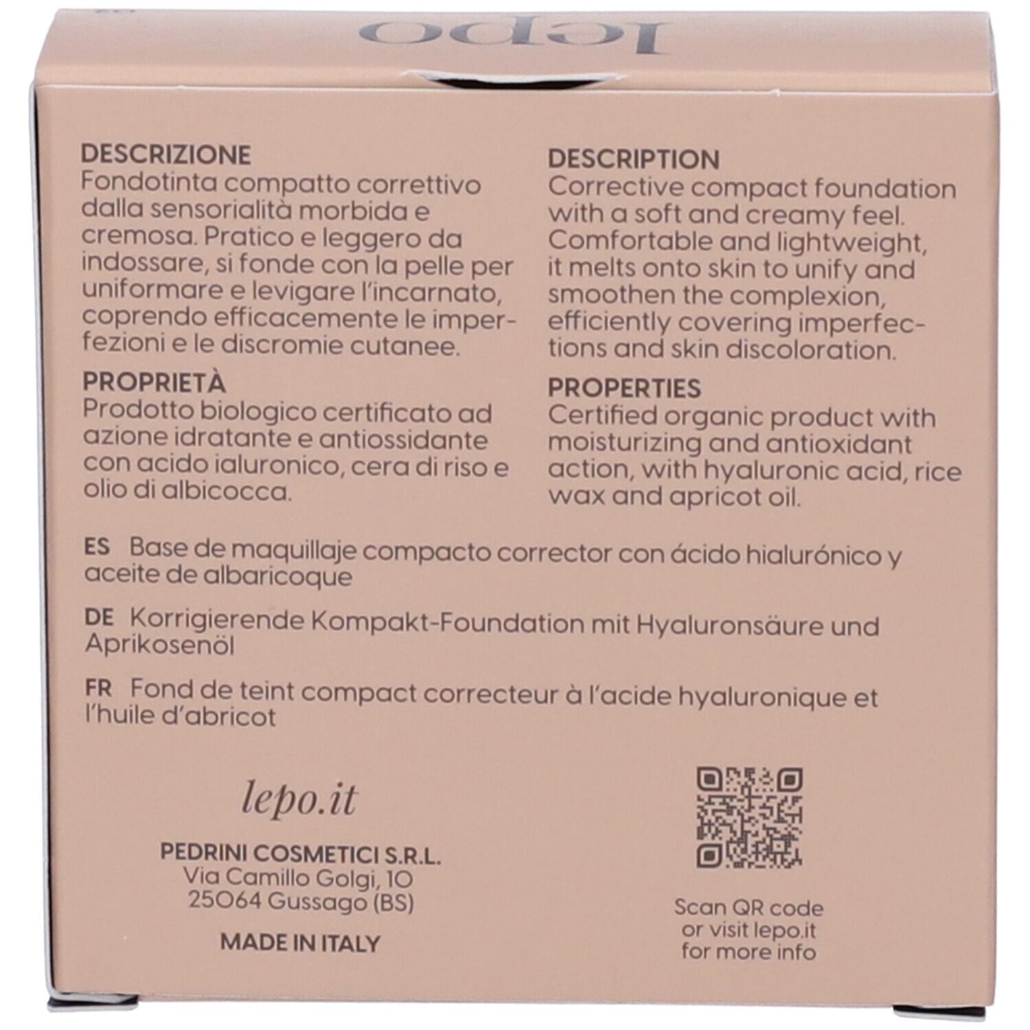 Retro della confezione. Descrizione del prodotto in più lingue. Codice QR.