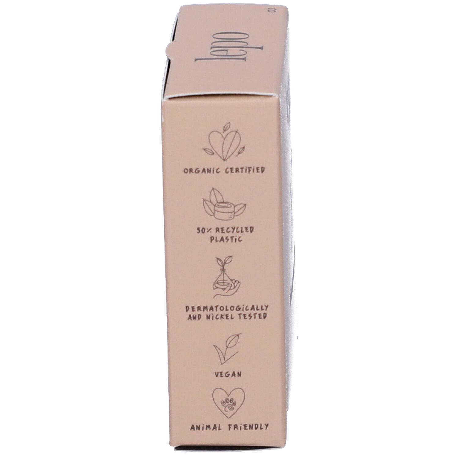 Lato della confezione. Loghi per plastica riciclata, dermatologicamente testato, vegano e amico degli animali.