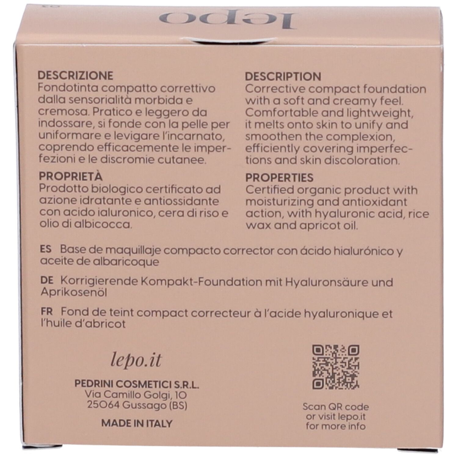 Retro della confezione. Descrizione del prodotto in più lingue, ingredienti e informazioni del produttore.