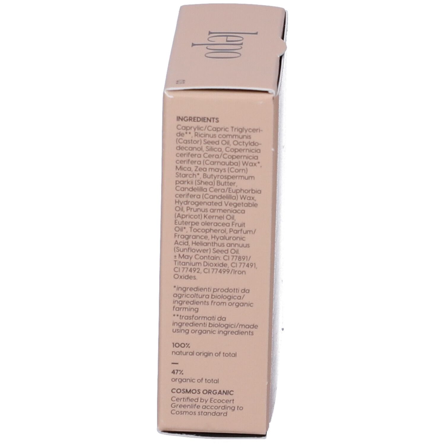 Lato della confezione con ingredienti, origine e certificazioni.