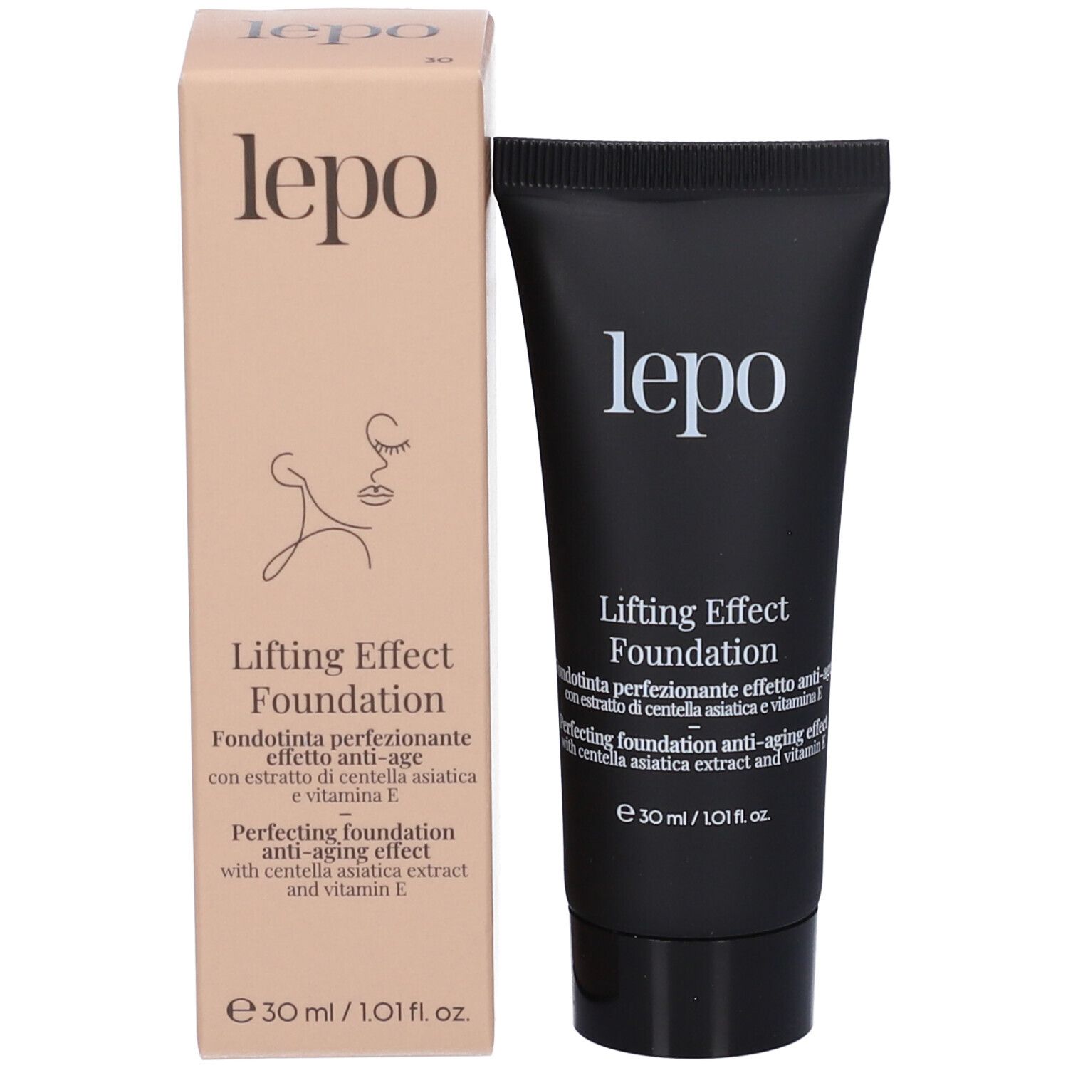 Scatola e tubo con nome e logo del prodotto. Testo: Lifting Effect Foundation. Contenuto: 30 ml/1.01 fl. oz.