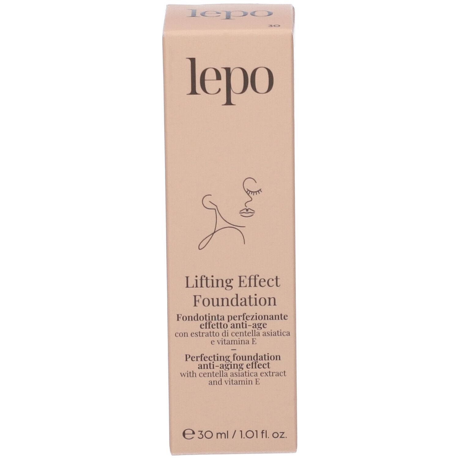 Scatola con nome e logo del prodotto. Testo: Lifting Effect Foundation. Contenuto: 30 ml/1.01 fl. oz.