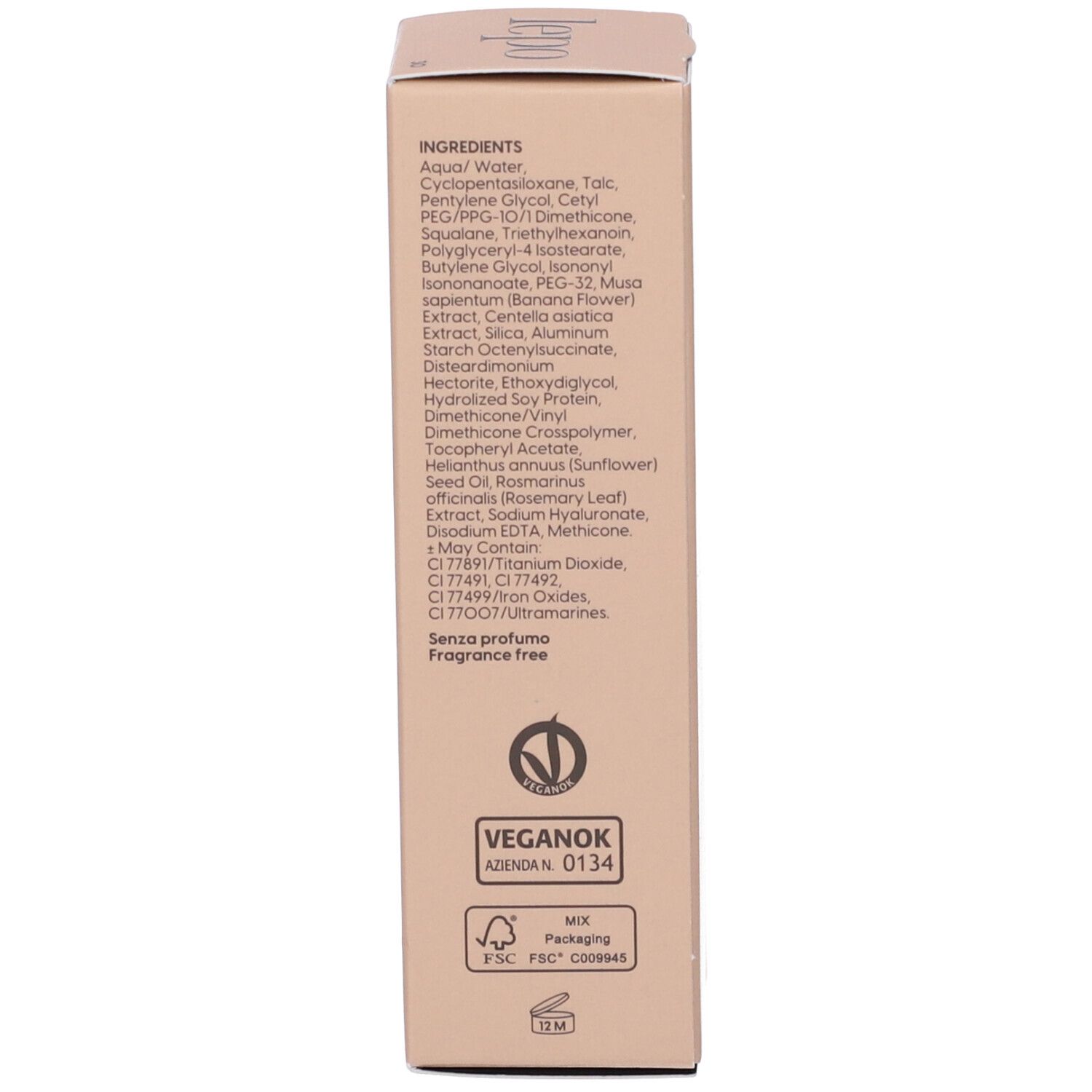 Lato della scatola con ingredienti. Testo: Aqua, Cyclopentasiloxane, Talc, ecc. Logo VeganOK.