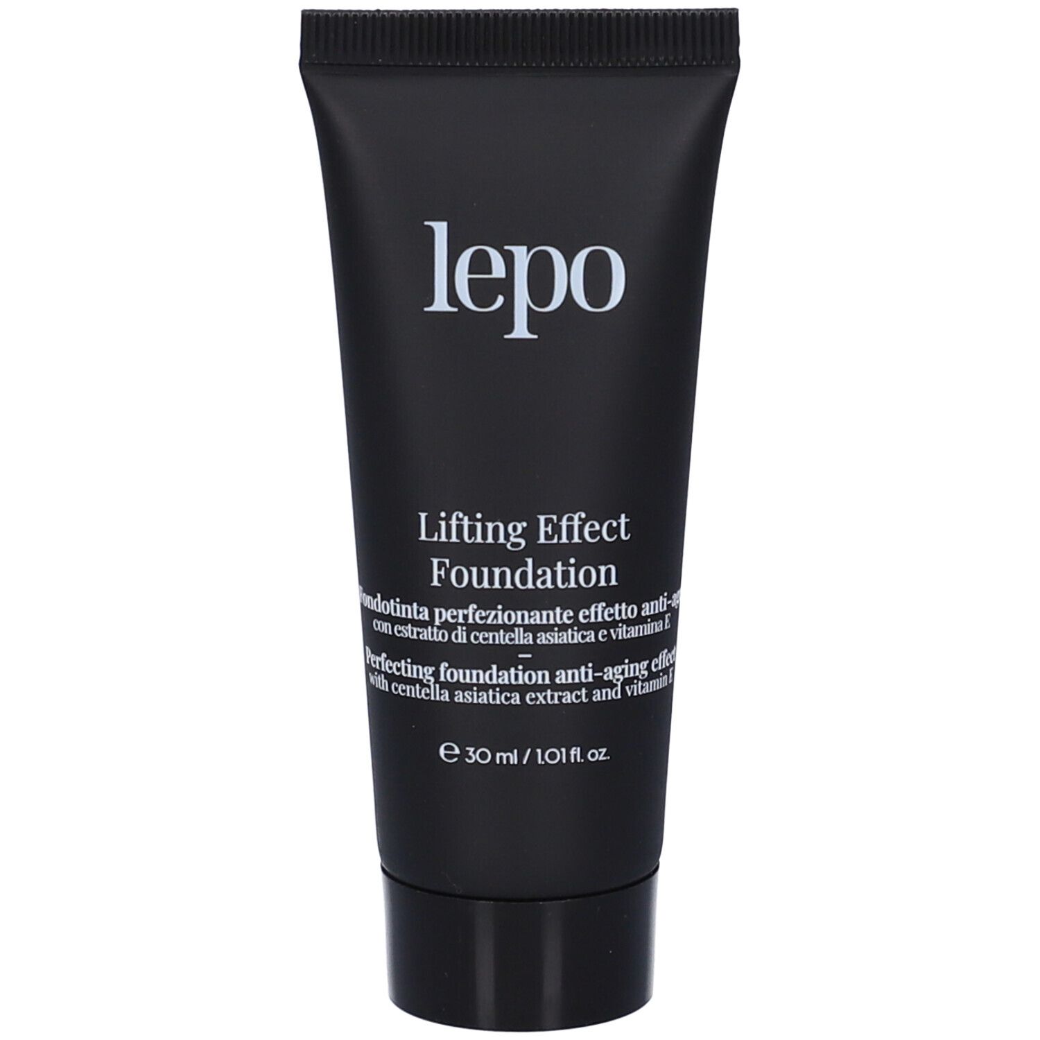 Tubo nero di LEPO Lifting Effect Foundation. Nome del prodotto e dettagli visibili. 30 ml / 1.01 fl.oz.