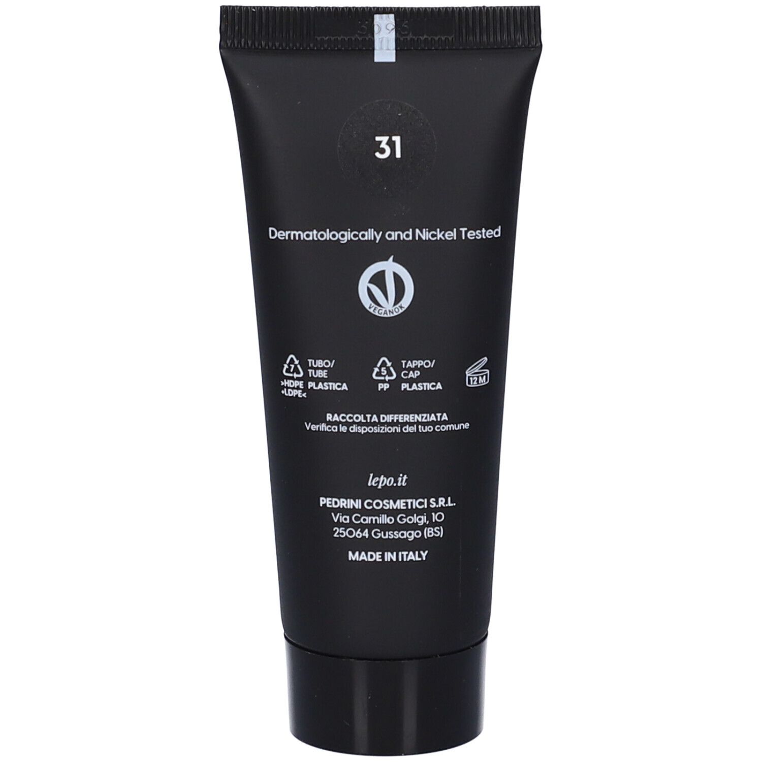 Retro del tubo di fondotinta LEPO Lifting Effect. Numero di tonalità 31. Dermatologicamente e Nickel Tested. Vegan.