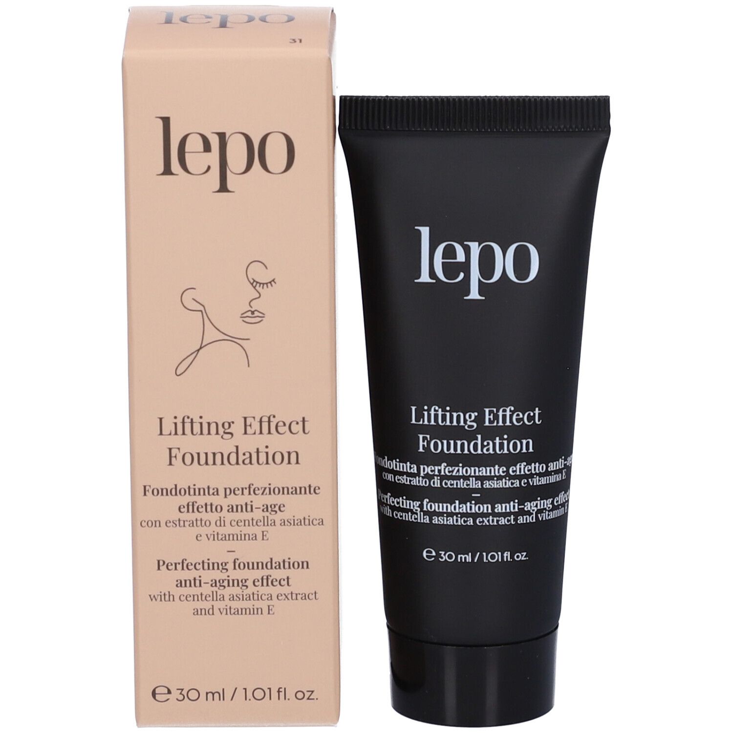 LEPO Lifting Effect Foundation e confezione. Tubo nero e scatola beige. Nome del prodotto e logo visibili.