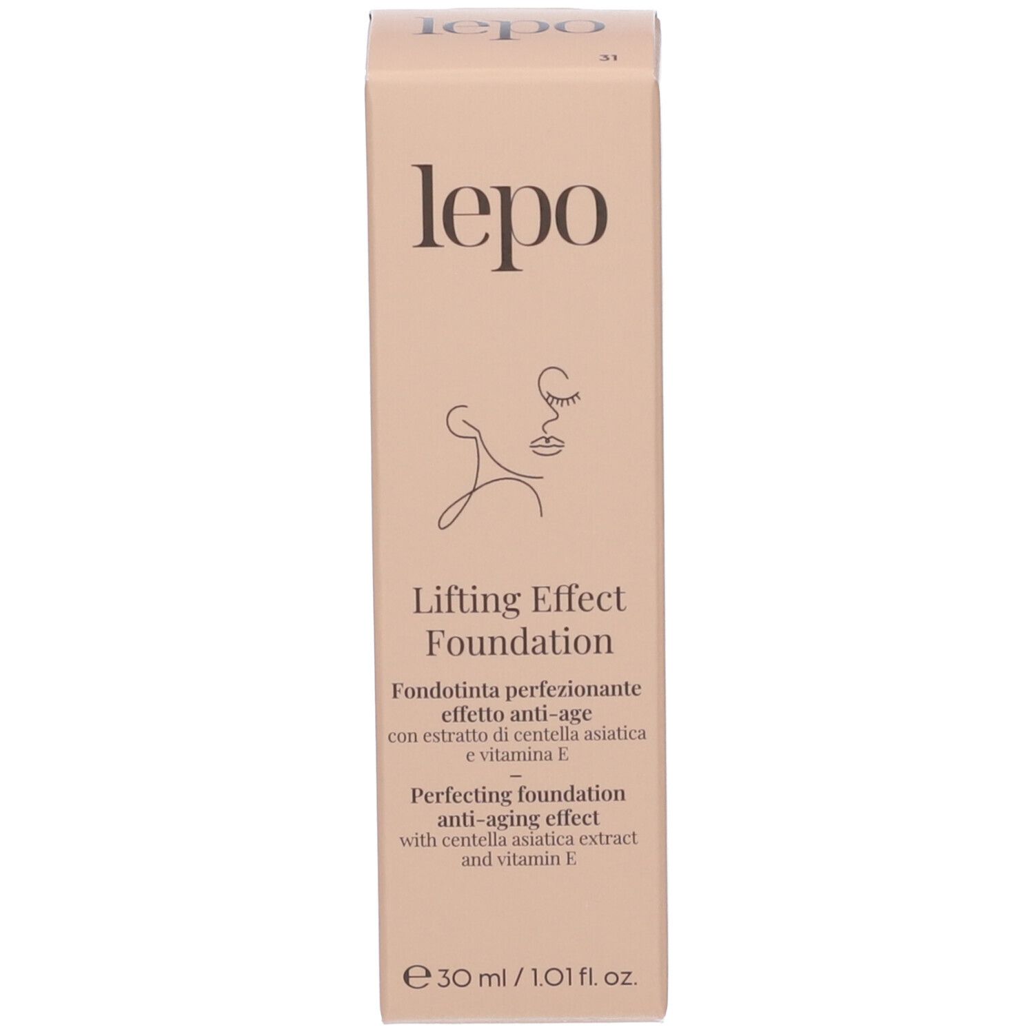 Scatola beige di LEPO Lifting Effect Foundation. Nome del prodotto e logo visibili. Illustrazione di un viso.