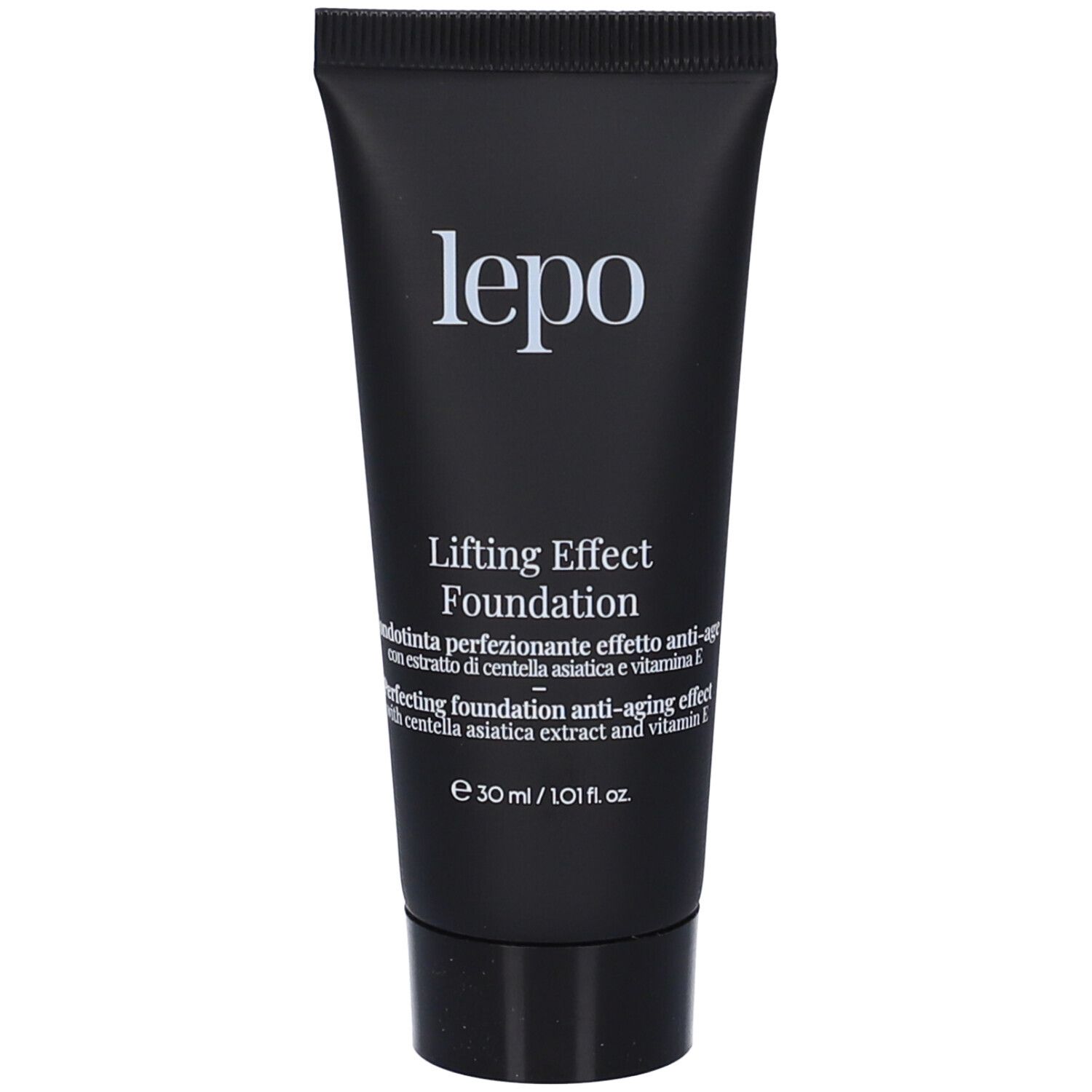 Tubo nero LEPO Lifting Effect Foundation. Nome del prodotto e dettagli in bianco. 30 ml / 1,01 fl oz.