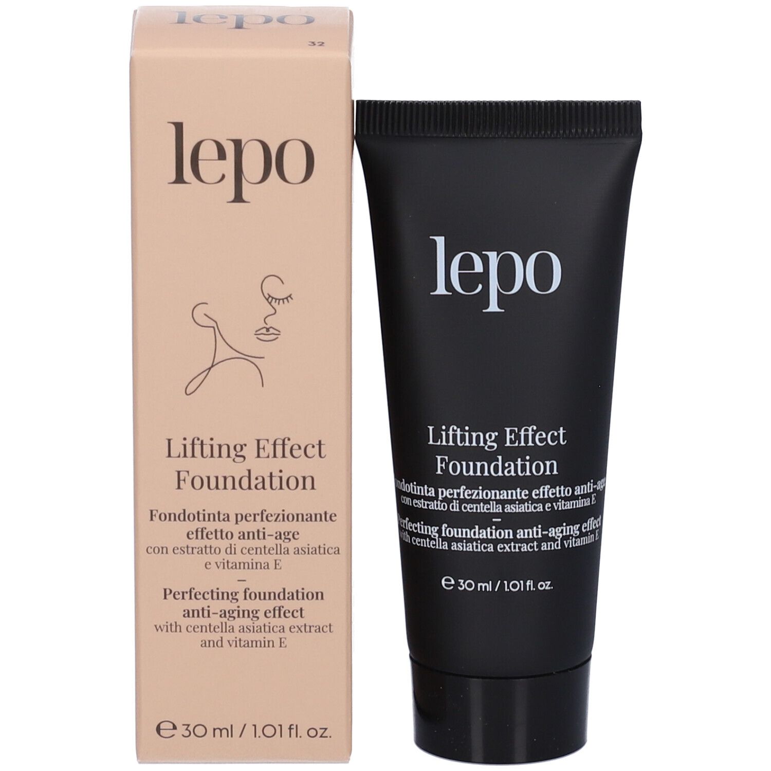 LEPO Lifting Effect Foundation e confezione. Confezione beige con nome e logo del prodotto. Tubo nero accanto.