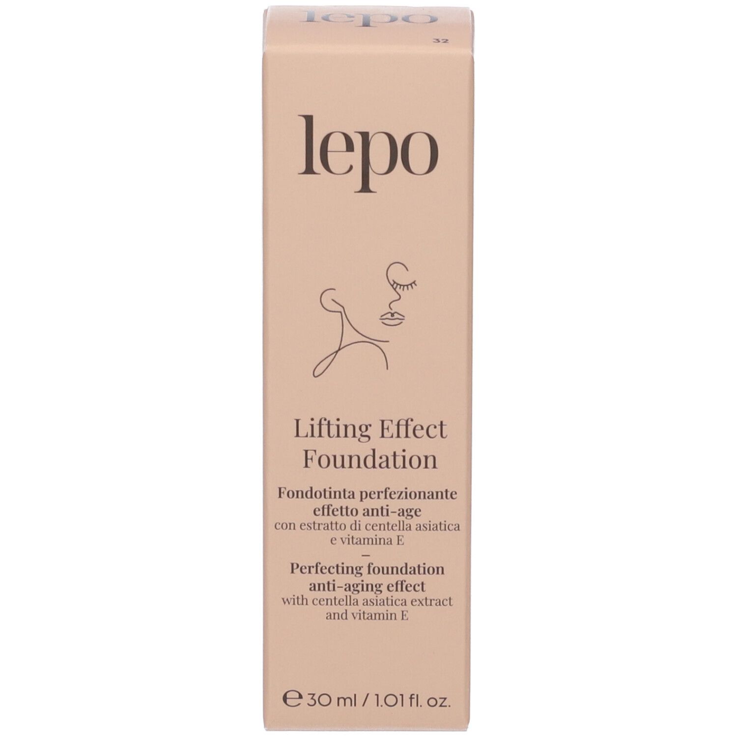 Confezione beige di LEPO Foundation. Nome del prodotto, logo e illustrazione di un viso. 30 ml / 1,01 fl oz.