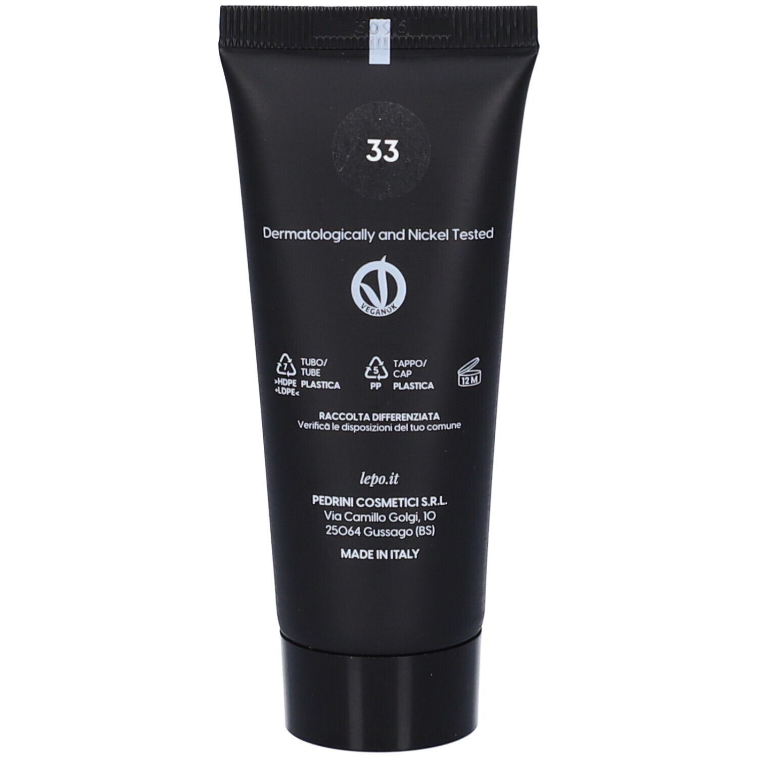 Fronte della confezione. Nome del prodotto, descrizione, logo. Sfondo beige.