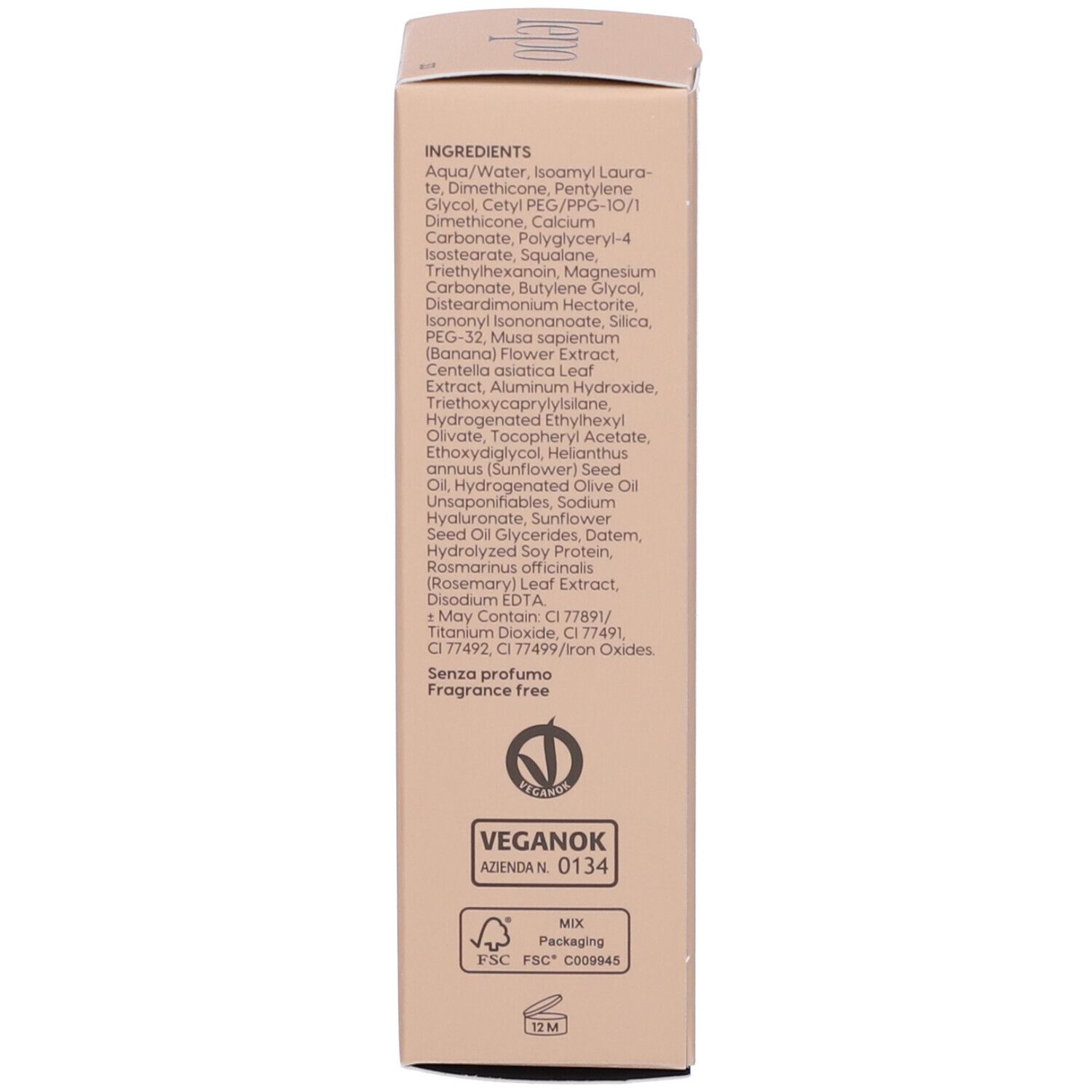 Tubo di fondotinta LEPO Lifting Effect. Tubo nero con nome e dettagli del prodotto. Informazioni sul retro.