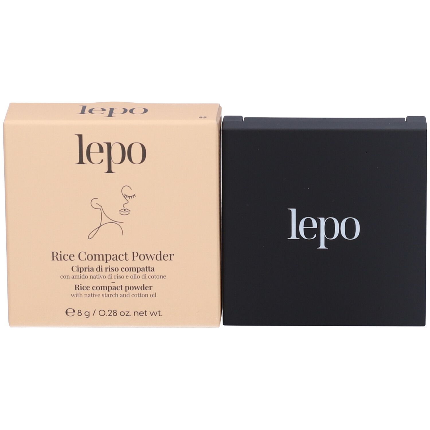 Confezione del prodotto e cipria nera. Scritta: lepo, Rice Compact Powder. Confezione beige. Forma quadrata.