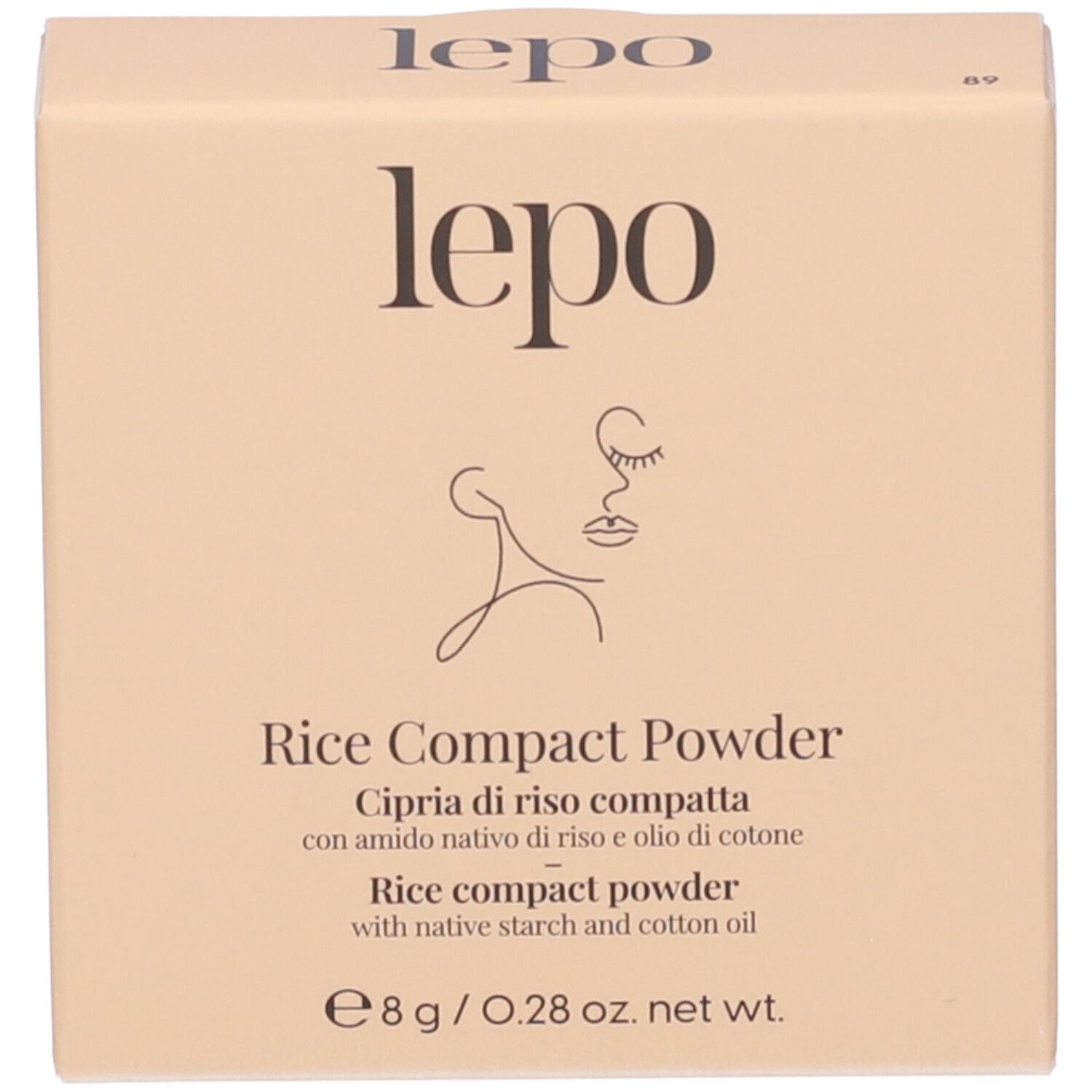 Confezione del prodotto. Scritta: lepo, Rice Compact Powder, Cipria di riso compatta. Confezione beige. Forma quadrata.